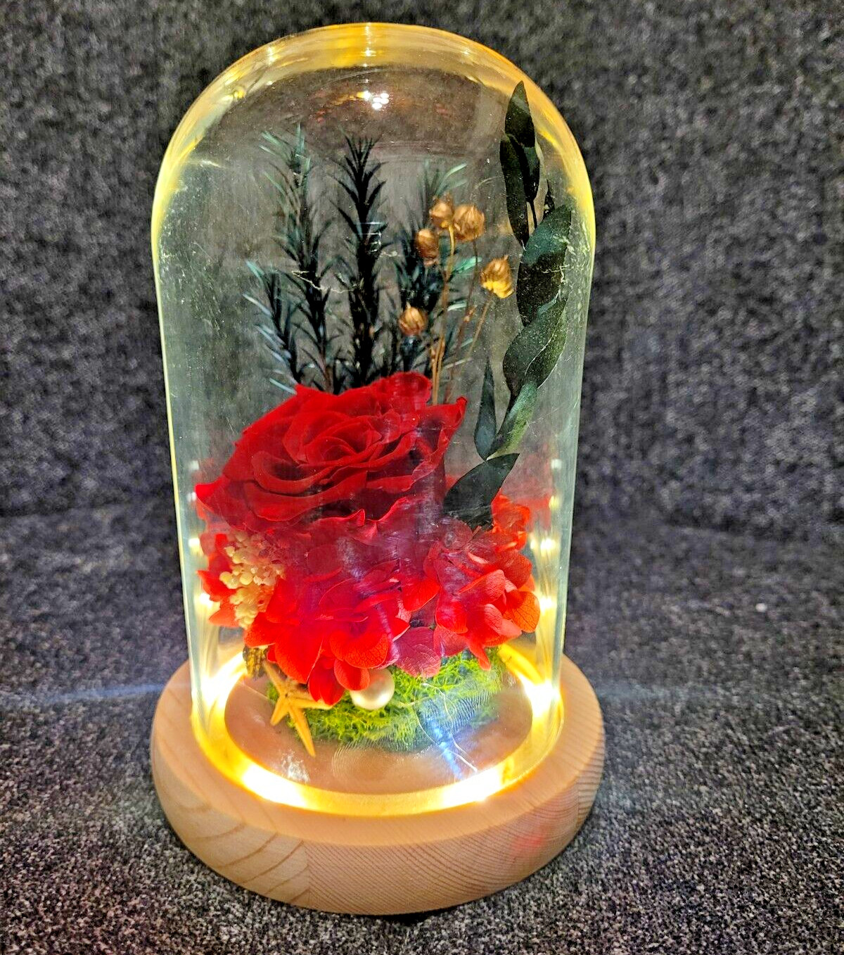 Flower Decoration Glass Cover Wooden Base Valentine’s Day Gift for Girlfriend’