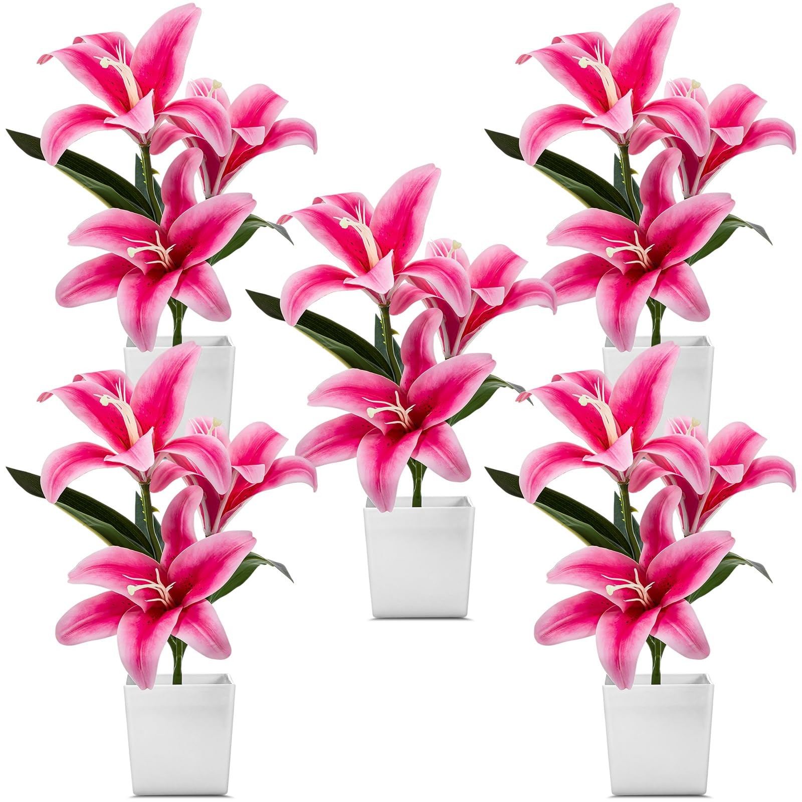 5 Pcs Artificial Lily Flowers Small Potted Tiger Lily Fake Silk Faux Spring E…