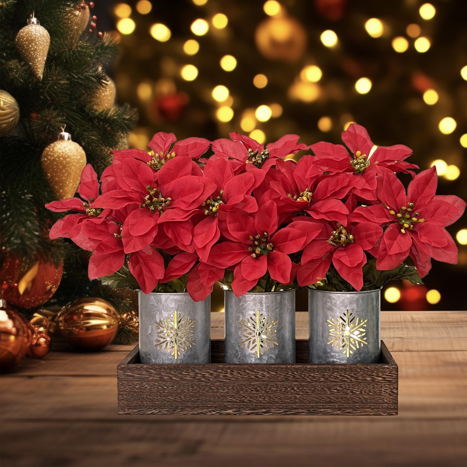 3 PCS Artificial Poinsettia Flower Arrangement Galvanized Pot Wood Tray Lights