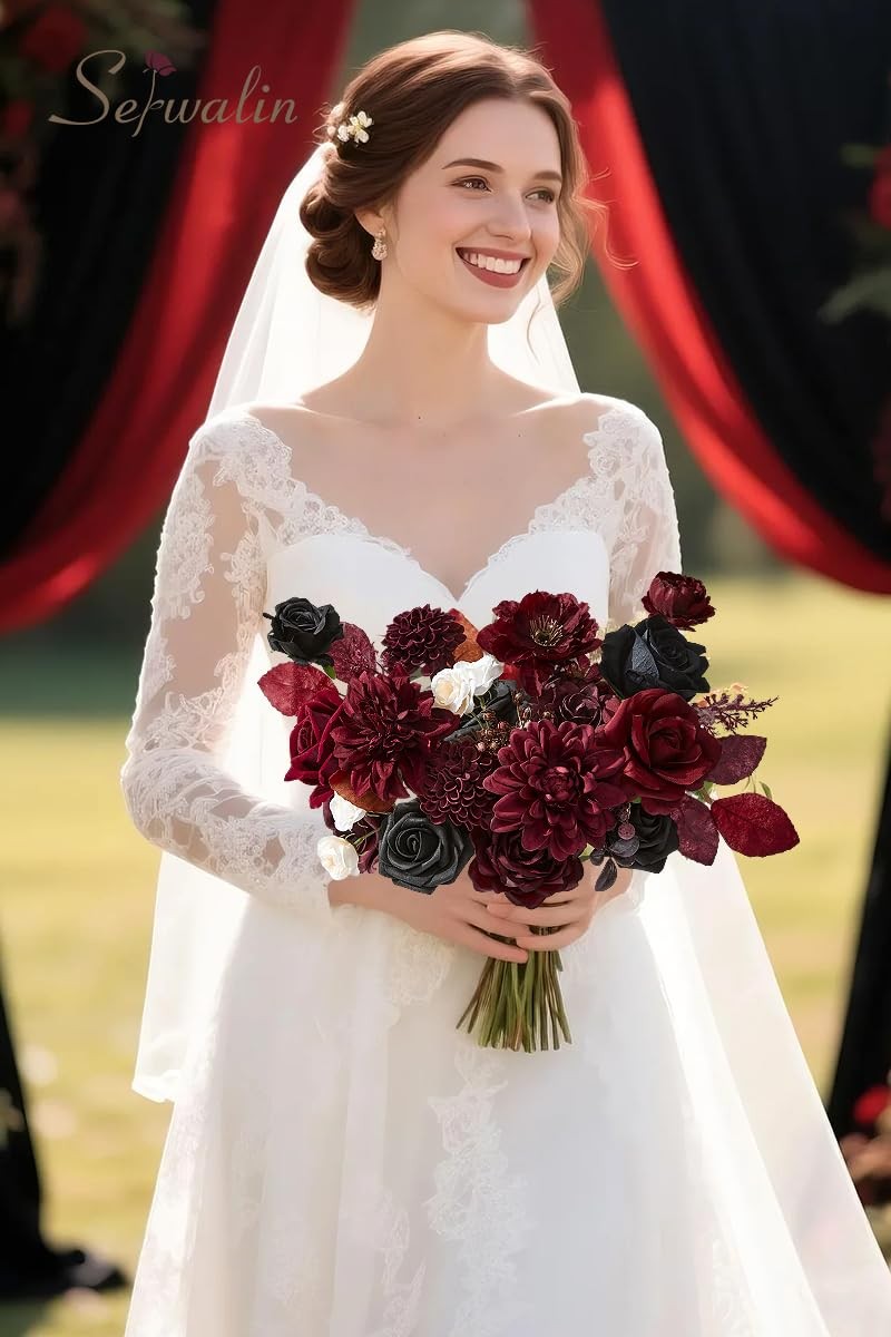 Artificial Burgundy Black Flowers Red Rose Silk Bridal Bouquet Table Decor