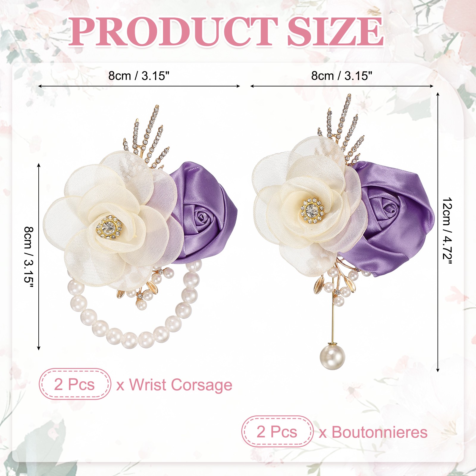 2 Sets Wrist Corsage and Boutonnieres Set for Wedding Groom Bride, Light Purple