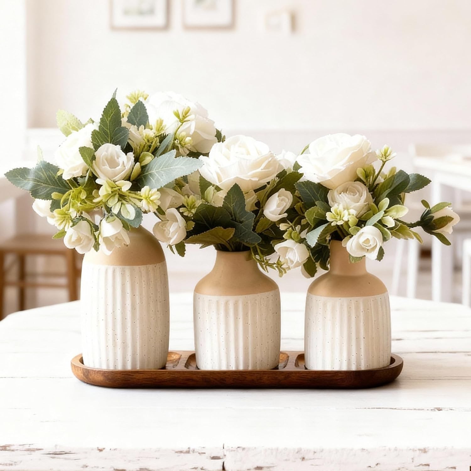 Set of 3 Artificial Flowers in Ceramic Vases with Wood Tray – Modern Minimali…