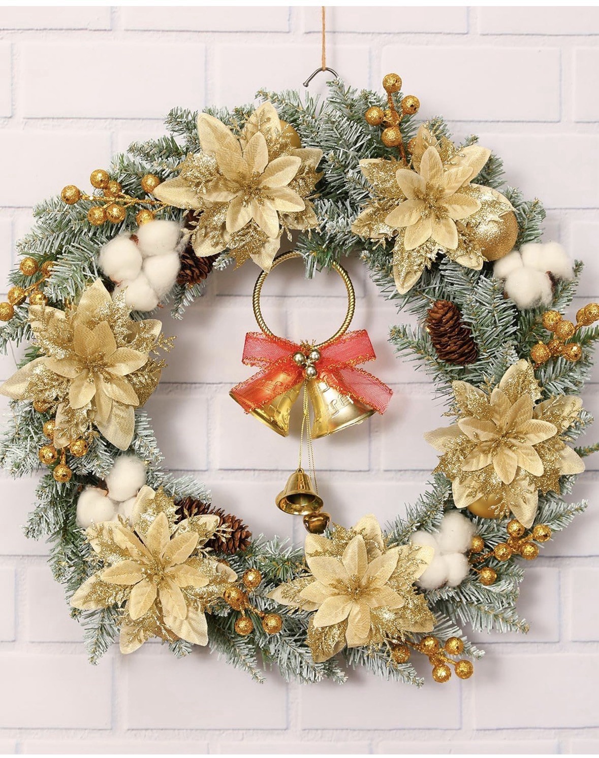 12pc Gold Articial Glitter Poinsettia Flowers Clips & Stems Christmas 5.5in