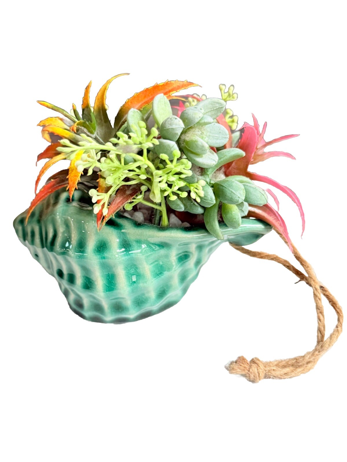 Fake Assorted Plants Faux Succulents in VTG Seashell Hanging Pot Realistic Plant