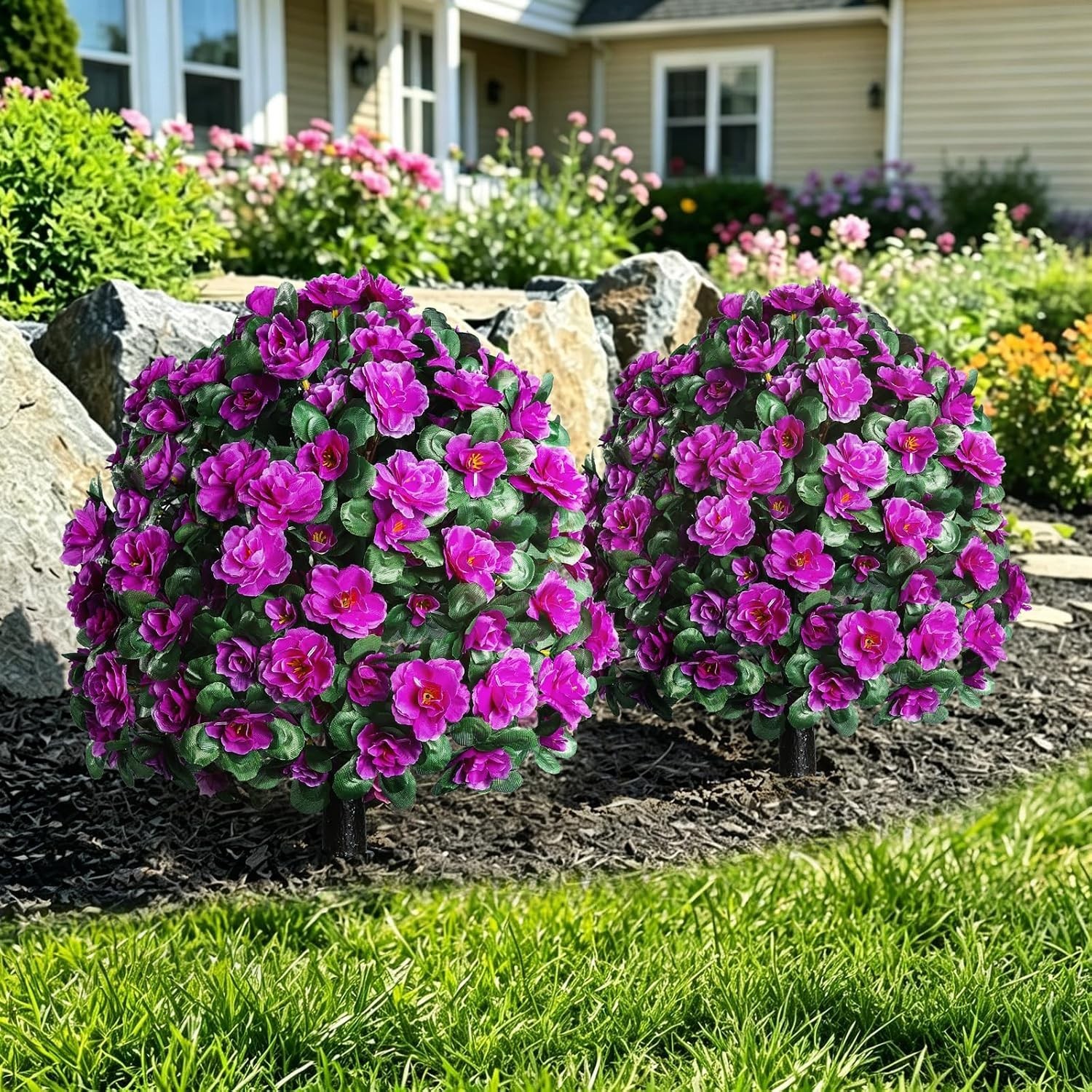 Artificial Flowers for Outdoor with Ground Stakes, 22″ Faux Azalea Silk Flora…