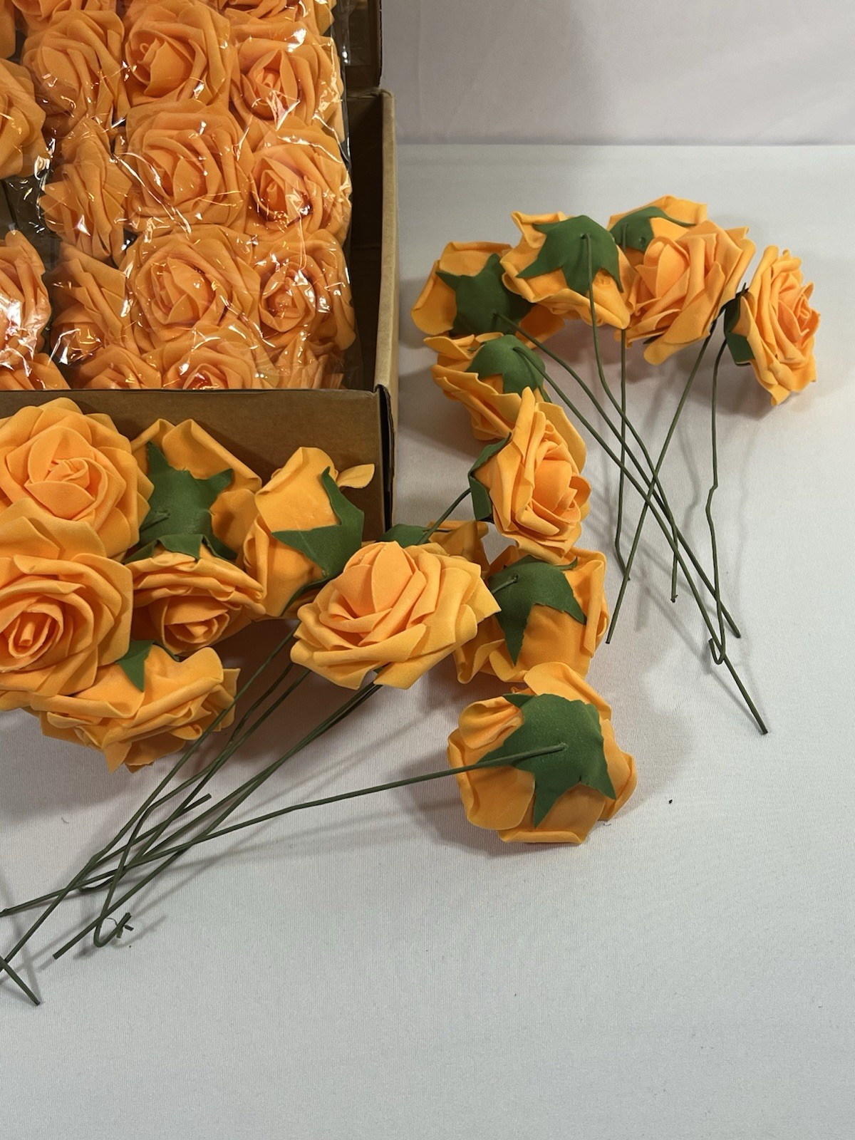 Artificial Rose Flowers 54 Pc Real Touch Fake Flowers with Stem Orange Faux Foam