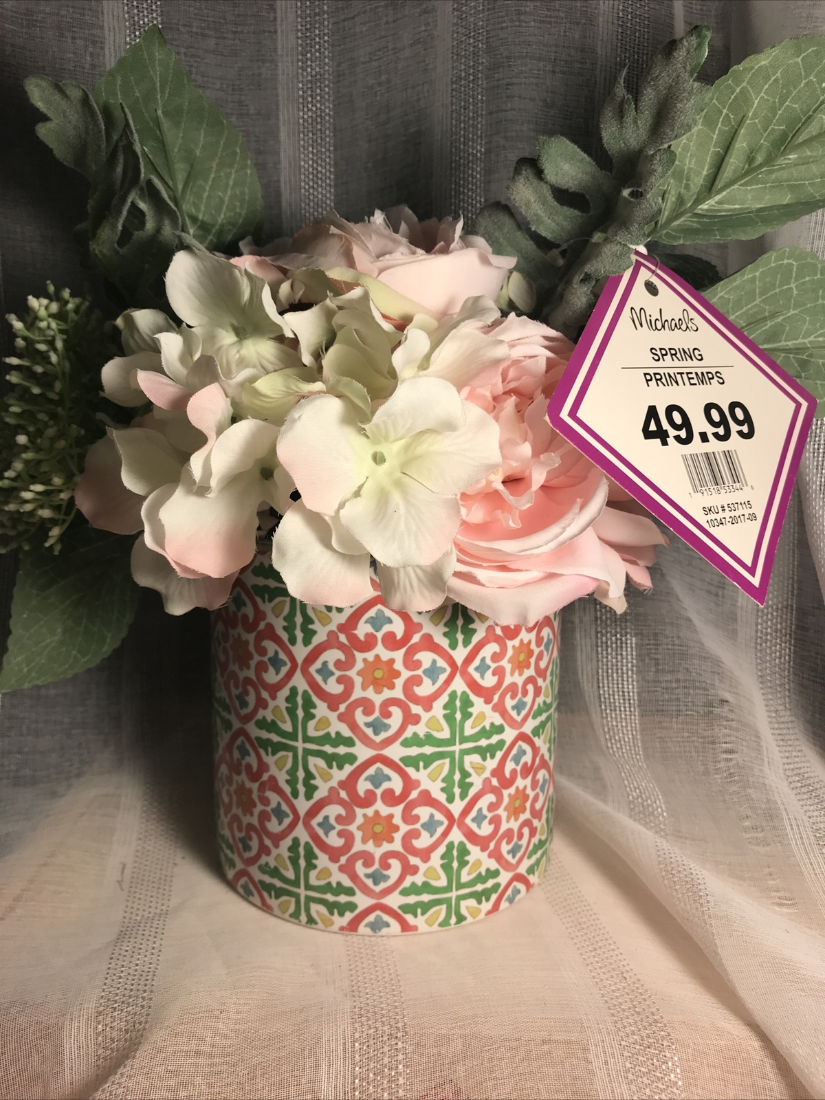 Faux Flower Centerpiece Ceramic Vase NWT Pink Cream Green Beautiful Floral Decor