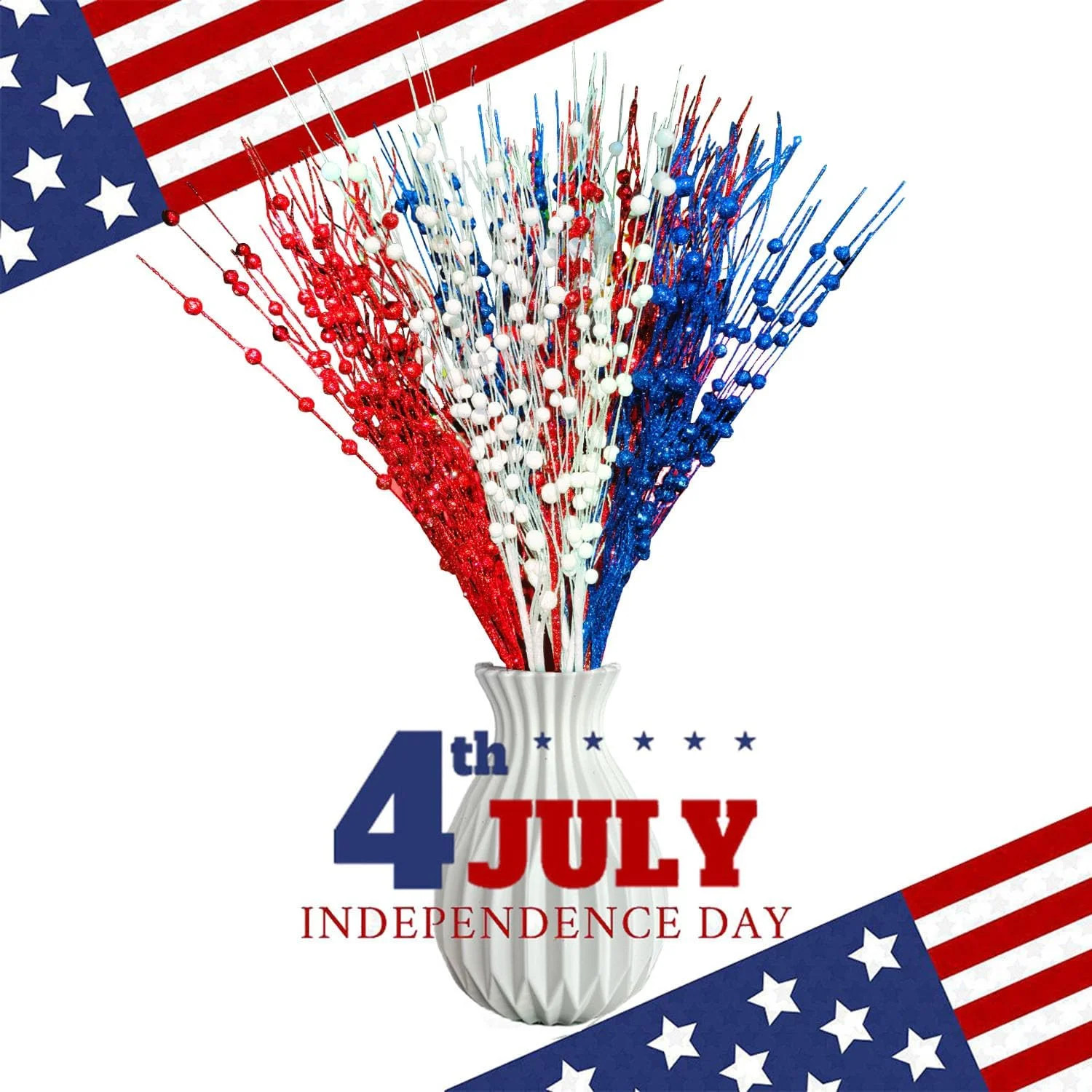 12 Pcs Artificial Patriotic Berry Stem Picks 4th of July White Blue Red Star Pic
