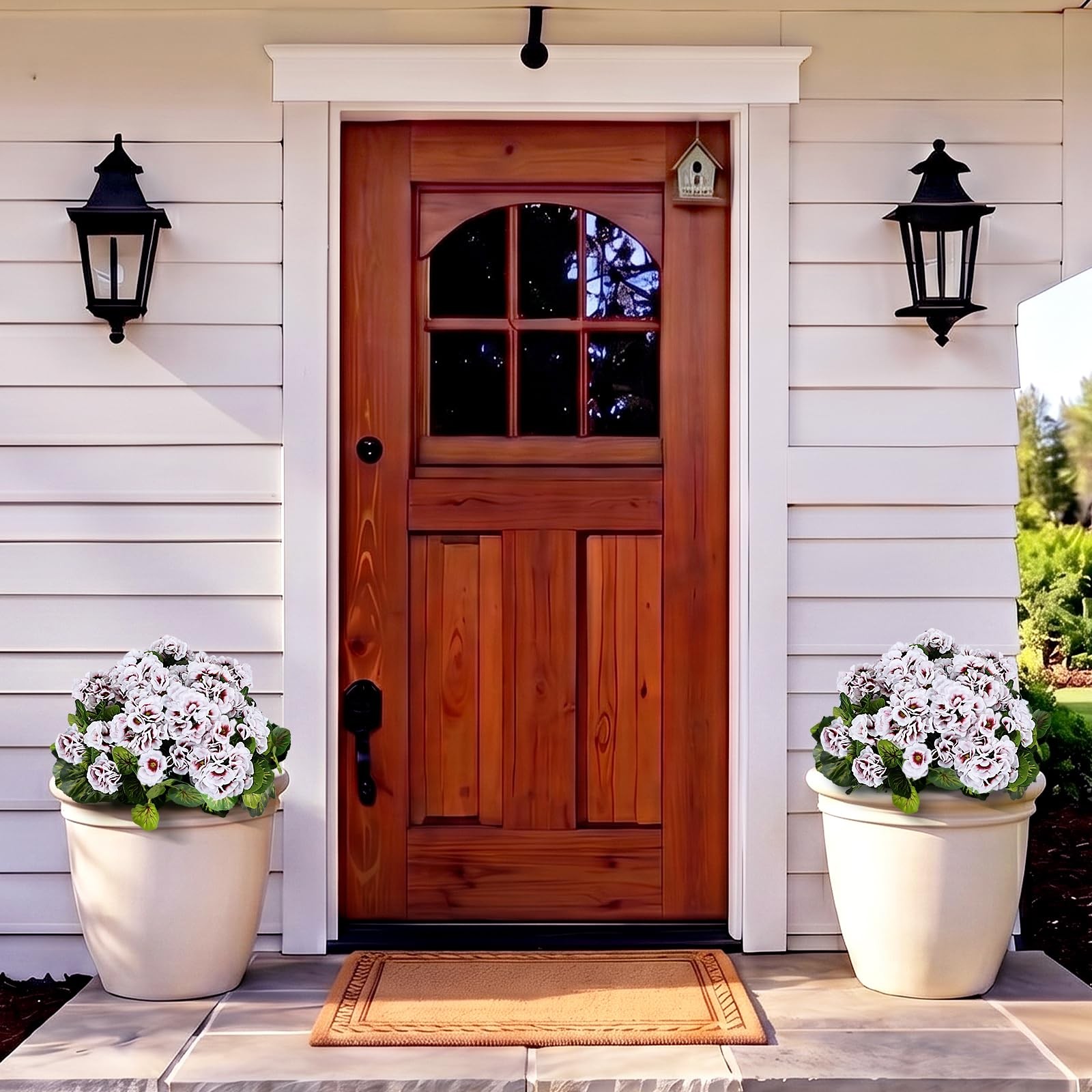 Set of 2 Artificial Geranium Potted for Outdoor, Pre-Made, White