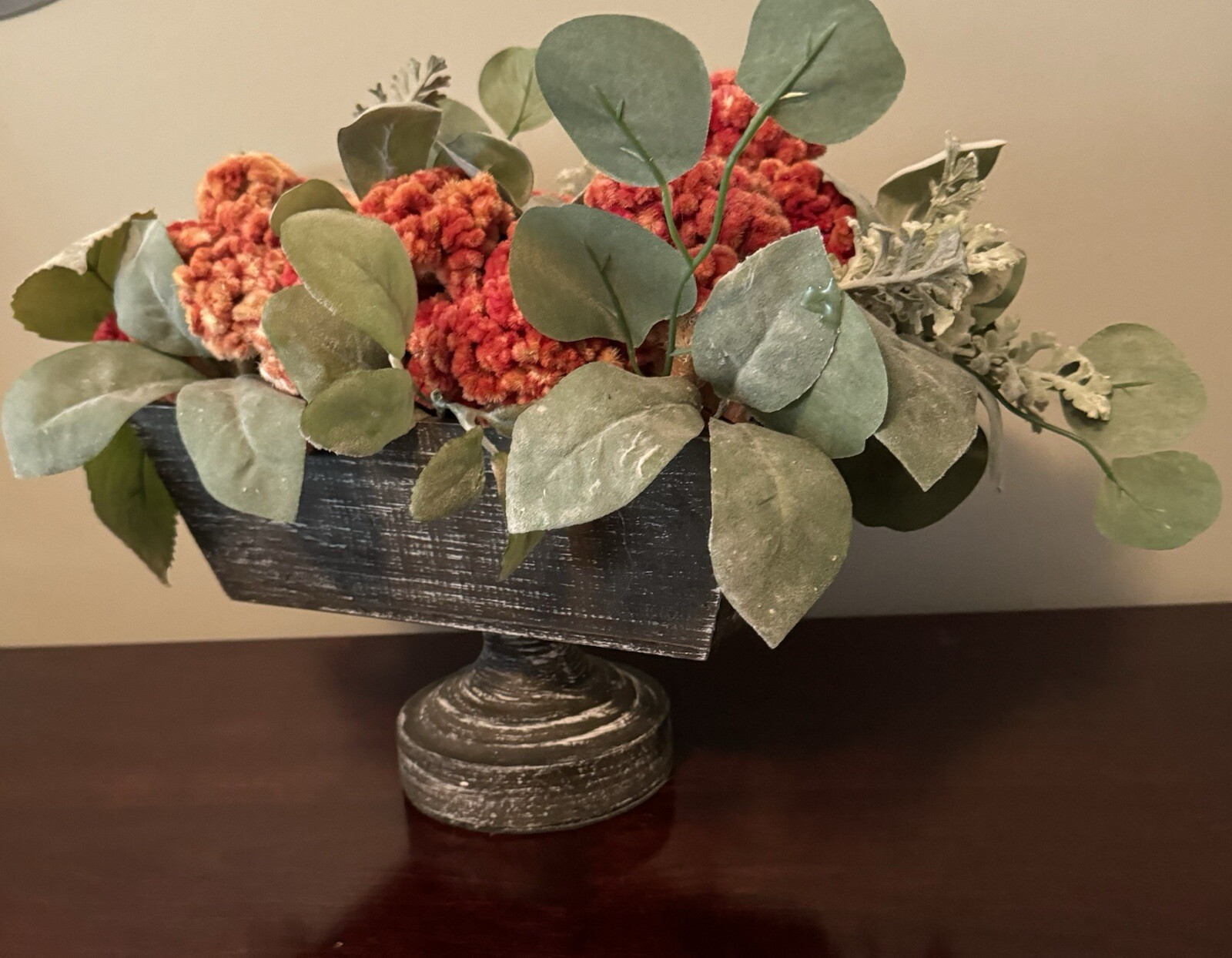 Orange Dried Floral Centerpiece Decor & Faux Green Leaves Metal Base Wooden Box