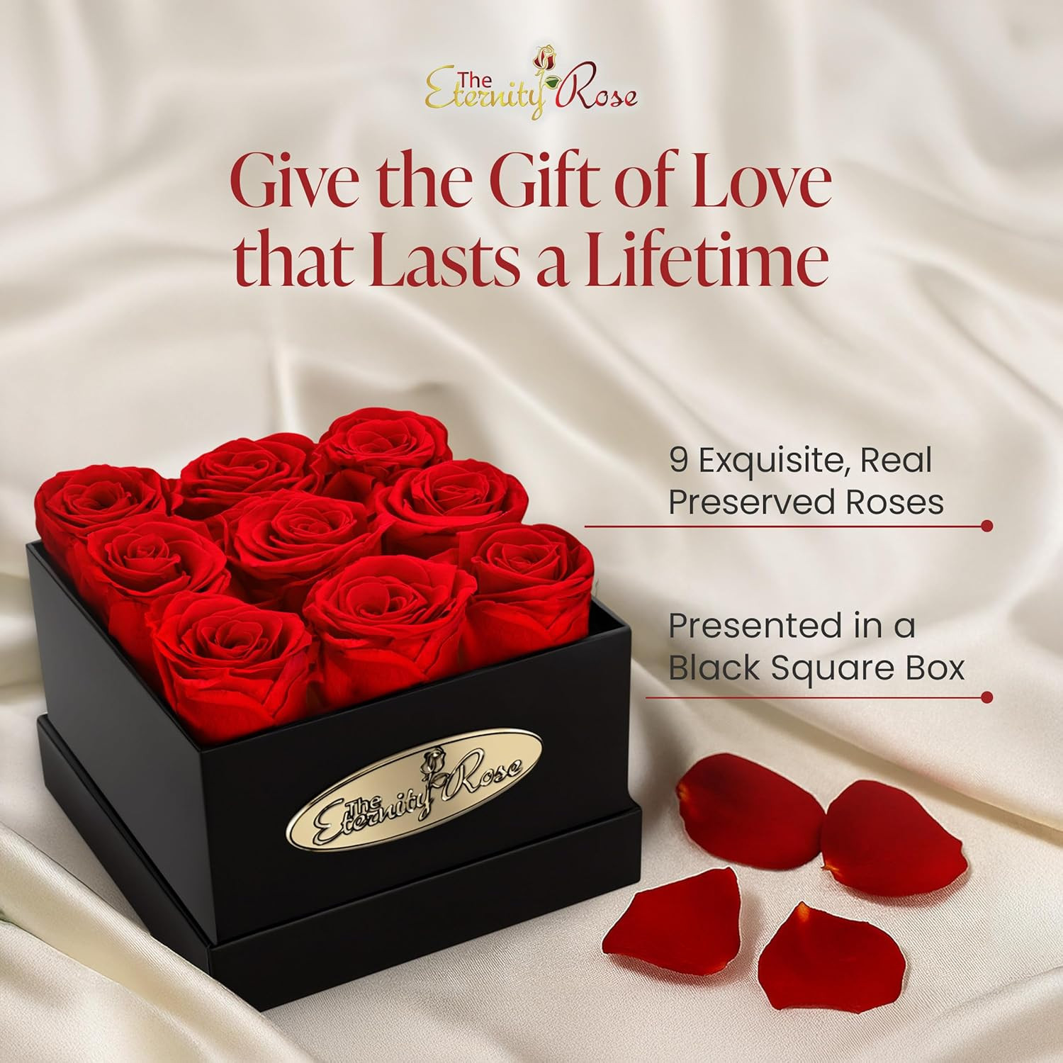 9-Piece Preserved Roses in a Luxury Gift Box – Real Roses in Square Black Box –