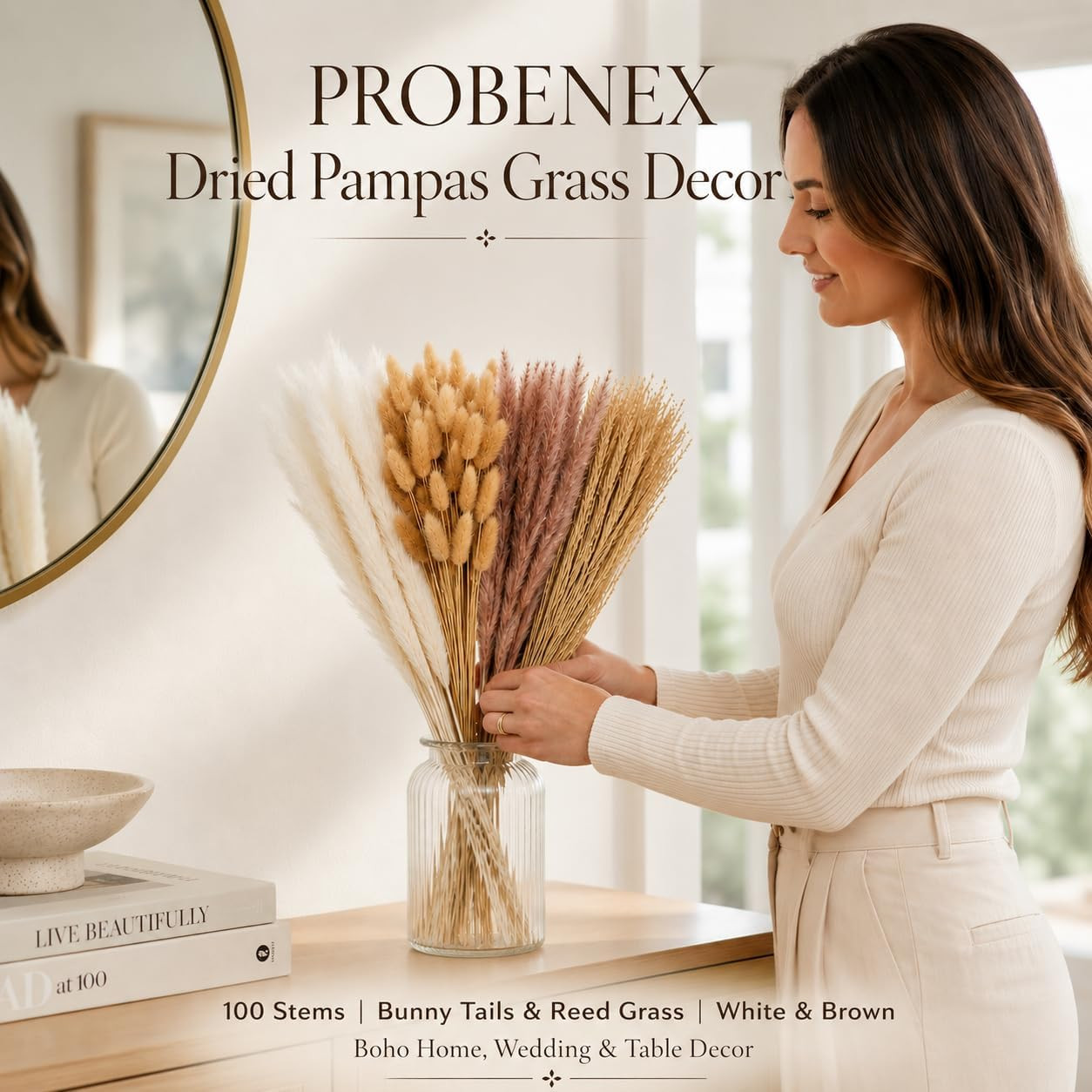 Dried Pampas Grass 100 Stems, Bunny Tails Boho Wedding Decor | 100 Mixed Stems