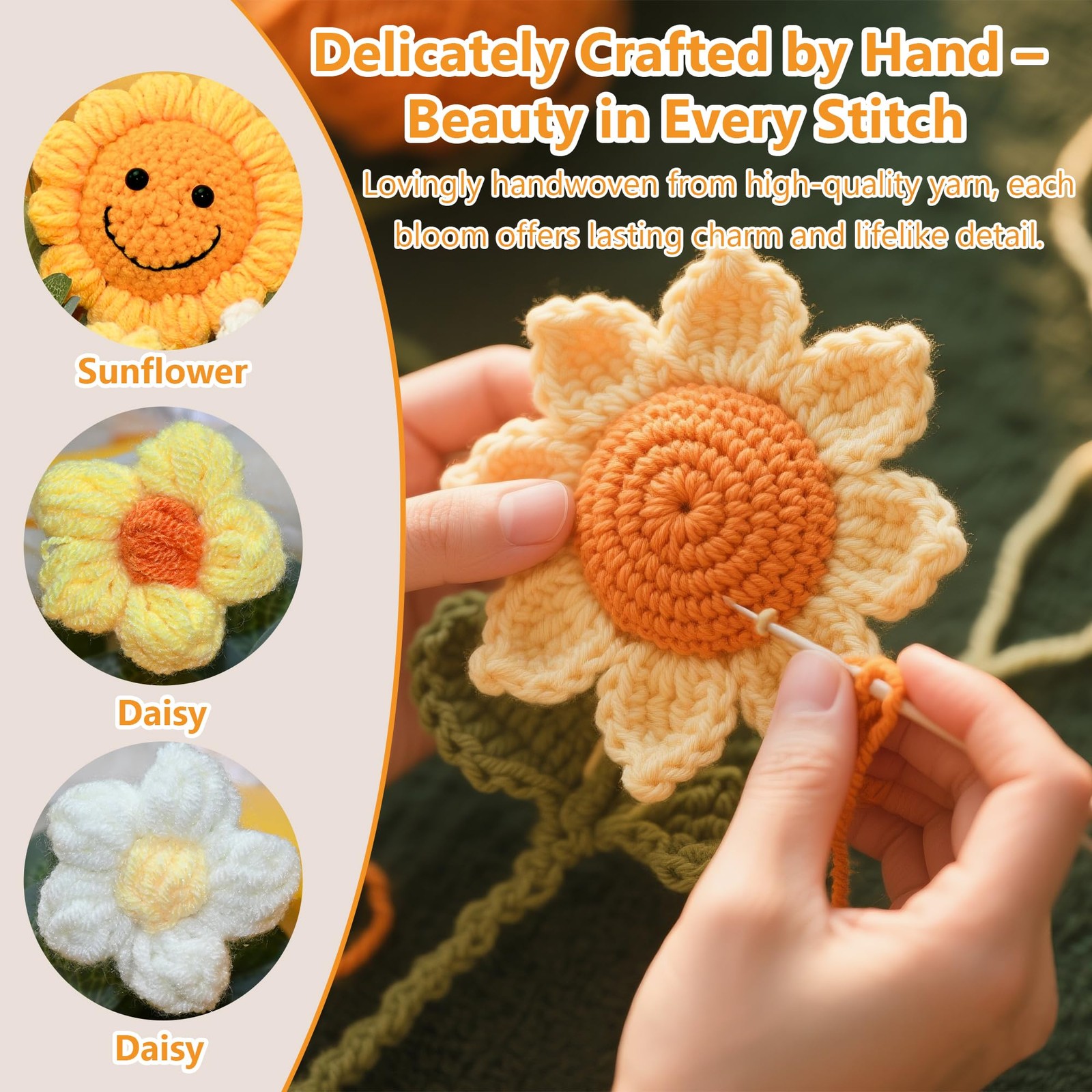 Handmade Crochet Flower Bouquet – Finished Knitted Sunflower & Daisy Flowers,…