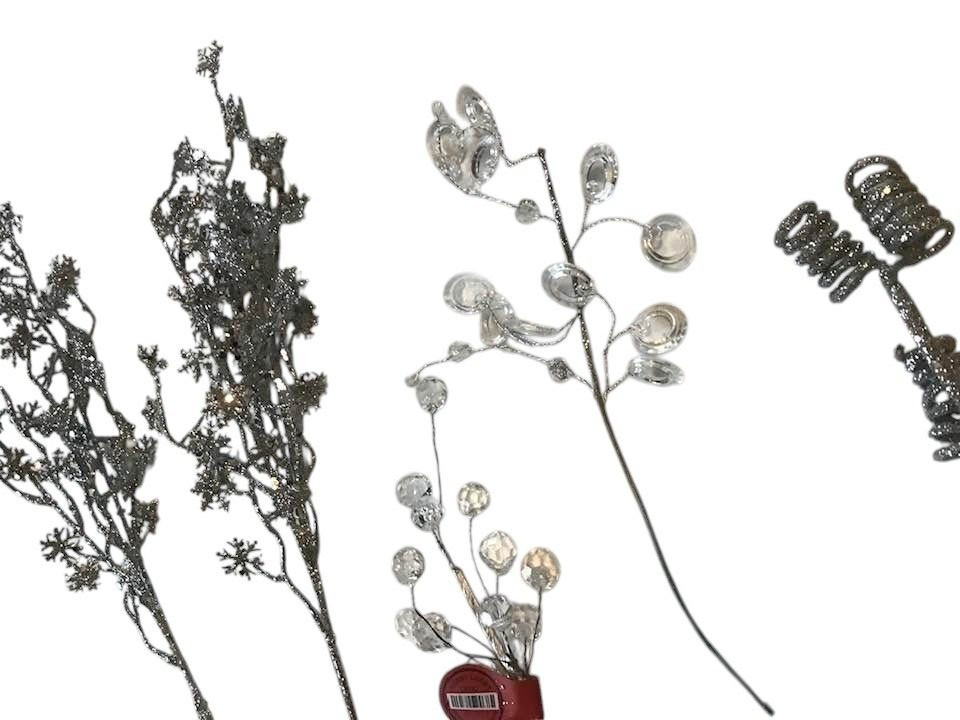 Assorted Silver Floral Stems Picks Birds Leaves Twirls Glitter Decor Crafts NEW