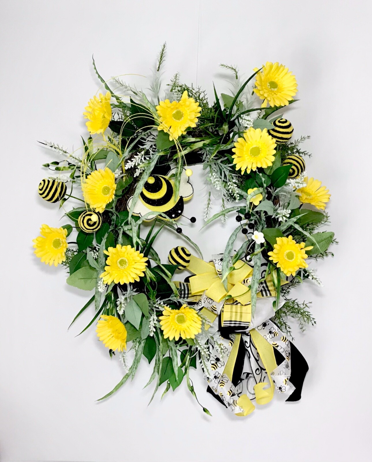 LARGE BRIGHT SPRING SUMMER BEE GRAPEVINE DOOR WREATH YELLOW FLORAL DECOR GIFT