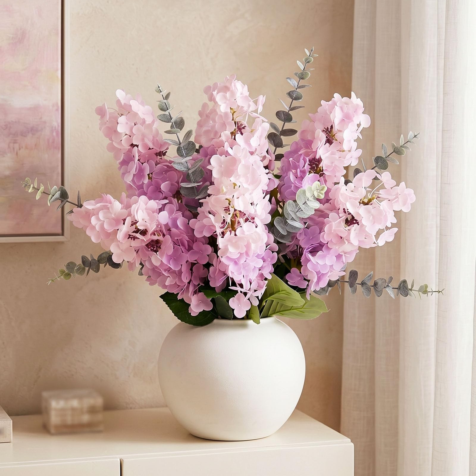 Artificial Hydrangea Flowers 6PCS with Eucalyptus Leaves, 27.5″ Faux Lavender…