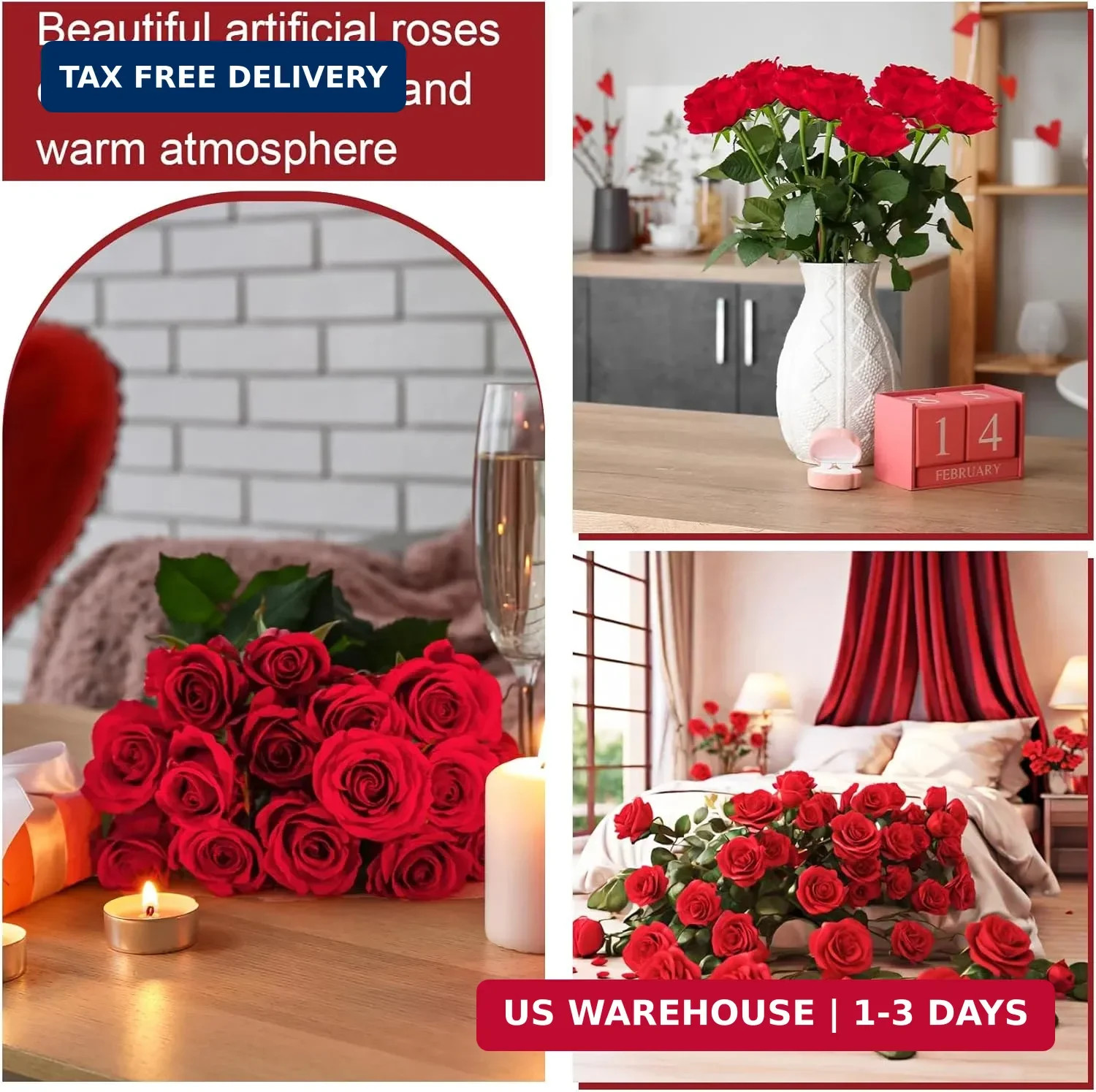 Ouddy Decor 50 Pcs Fake Red Roses Artificial Flowers Bulk Real Touch Velvet Silk