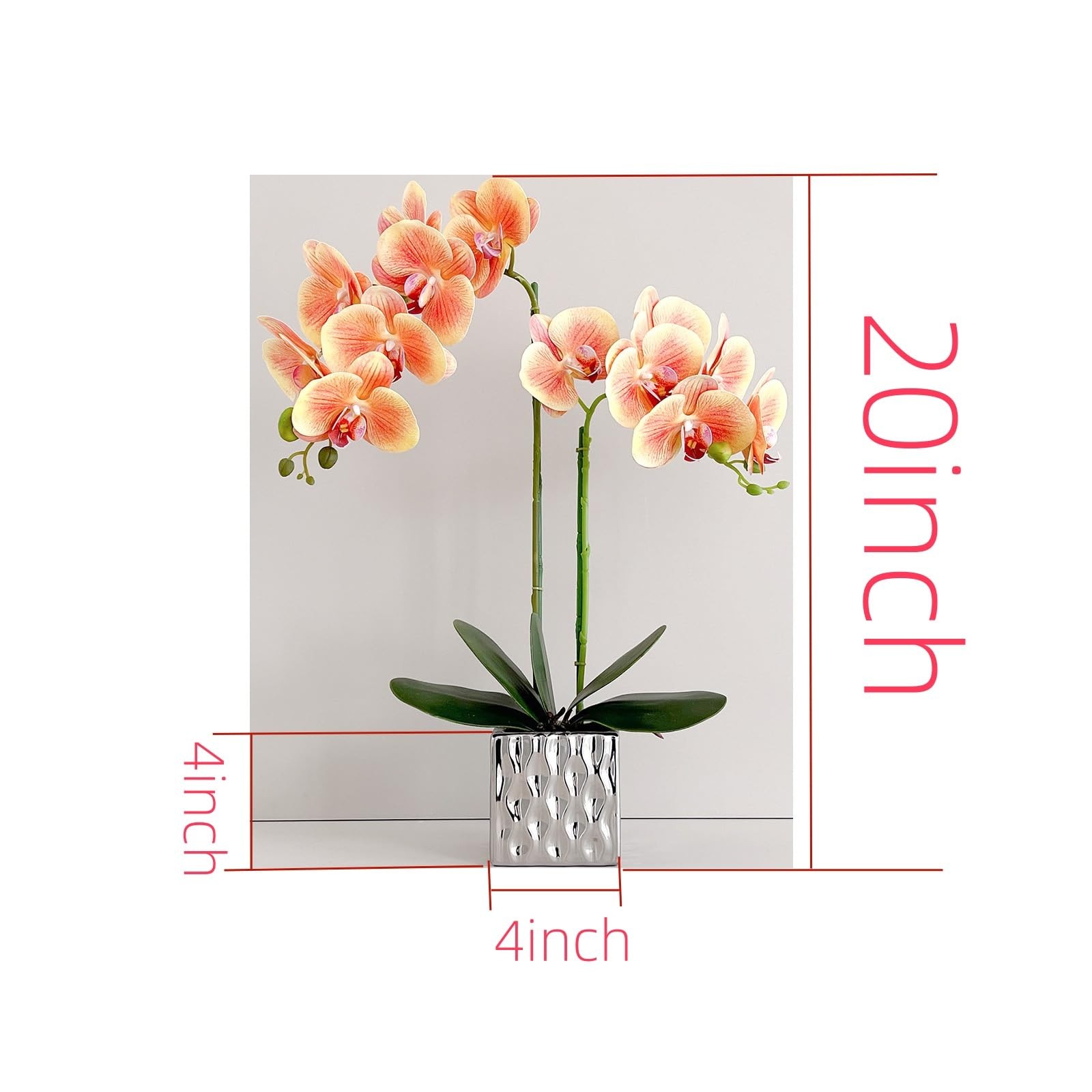20 Inch Orange Artificial Faux Orchid Silk Flower Arrangement Silver Vase