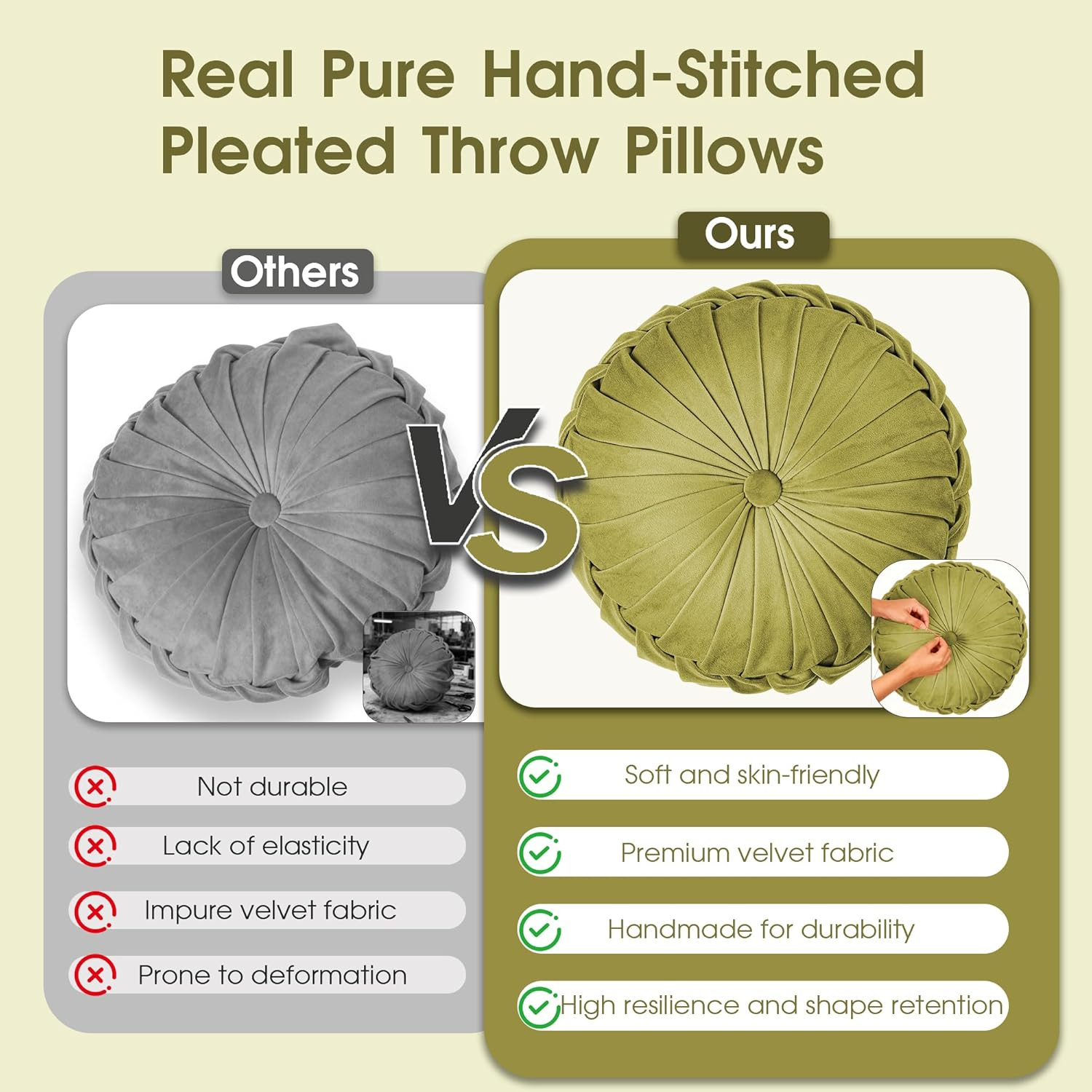 ROSE&RISY round Pleated Velvet Throw Pillows, 2 Pack Decorative Accent Pumpkin P