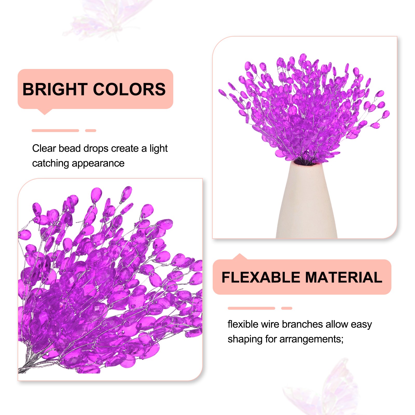 25 Pcs Acrylic Crystal Flower, Floral Picks Acrylic Bead Drops, Purple
