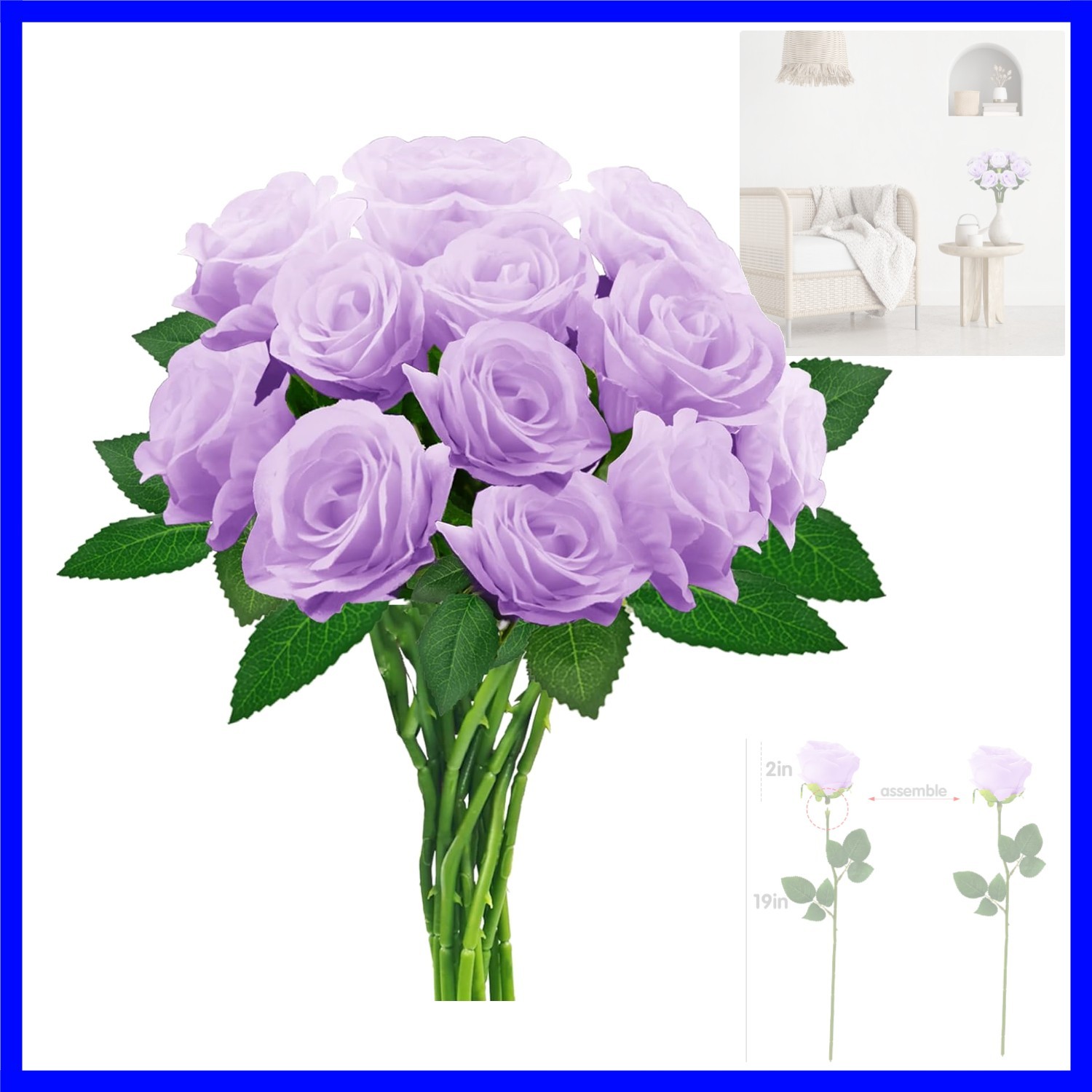 12PCS Purple Artificial Roses with Long Stems, Realistic Faux Silk Roses Flow…