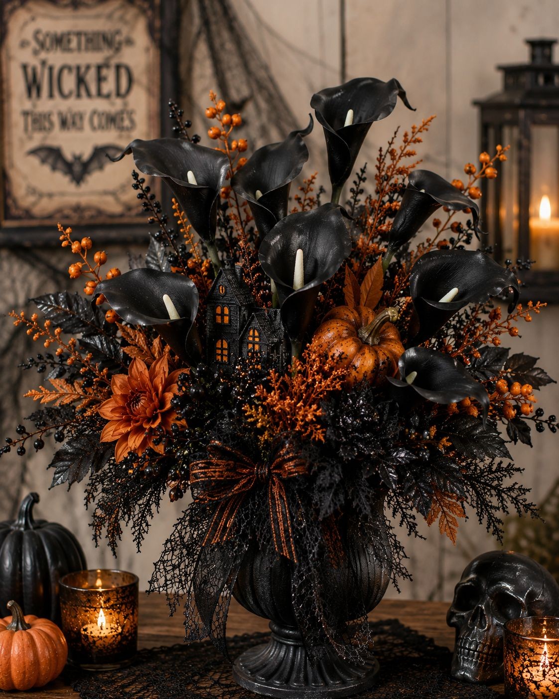 Black Calla Lily Faux Flowers Set of 5 Artificial Stems Gothic Modern Home Decor