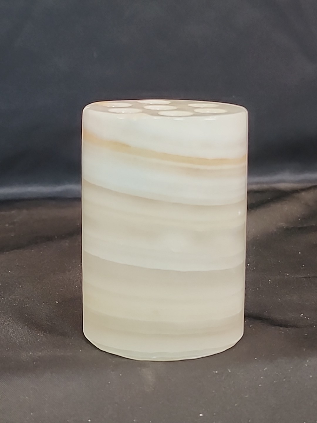 Vintage Variegated Earth Toned Onyx Marble 3″, 7 Hole Flower Frog Italy