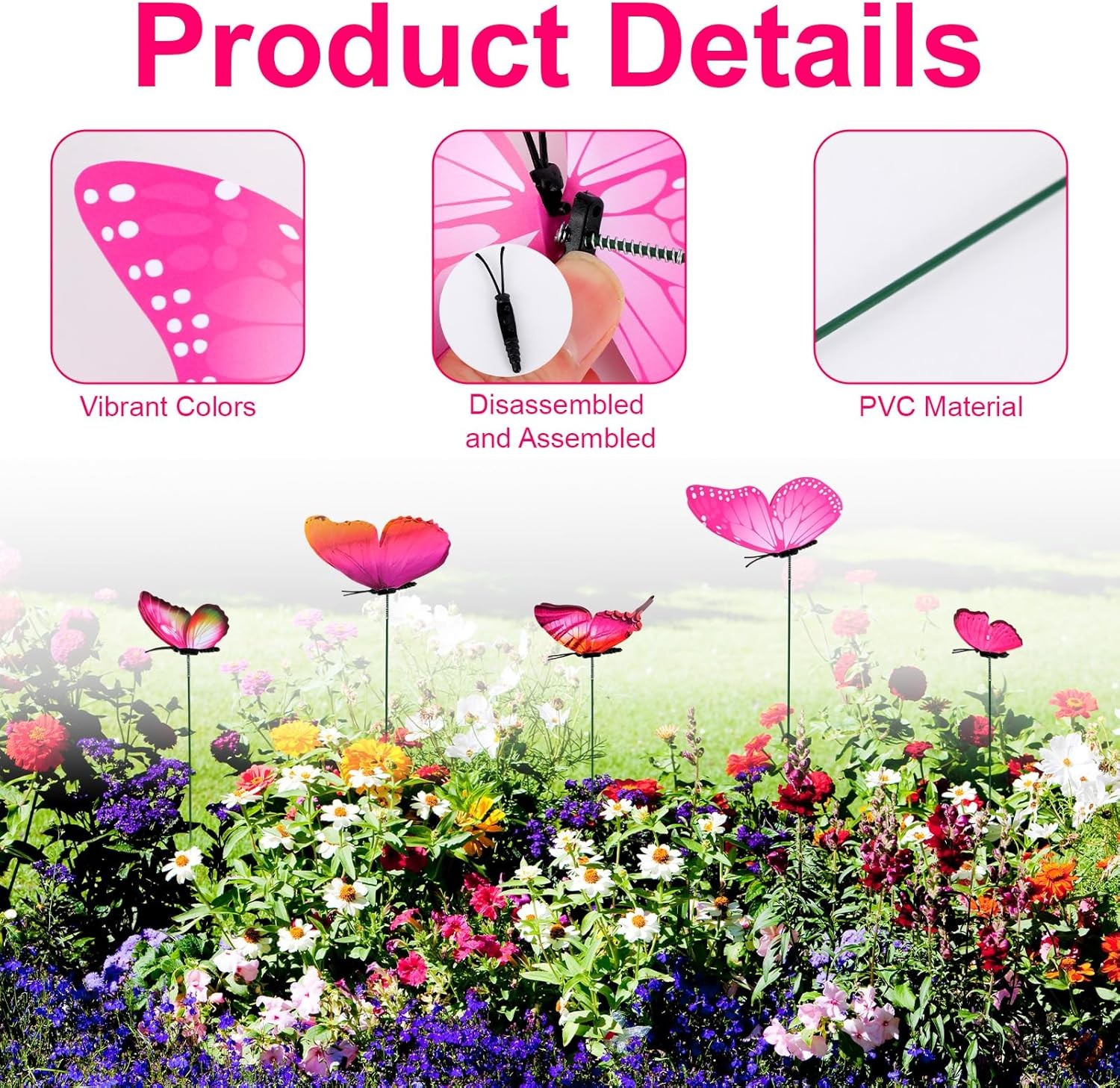 Penitue 12pcs Butterfly Plant Stakes PVC Garden Decor Pink Flower Pots