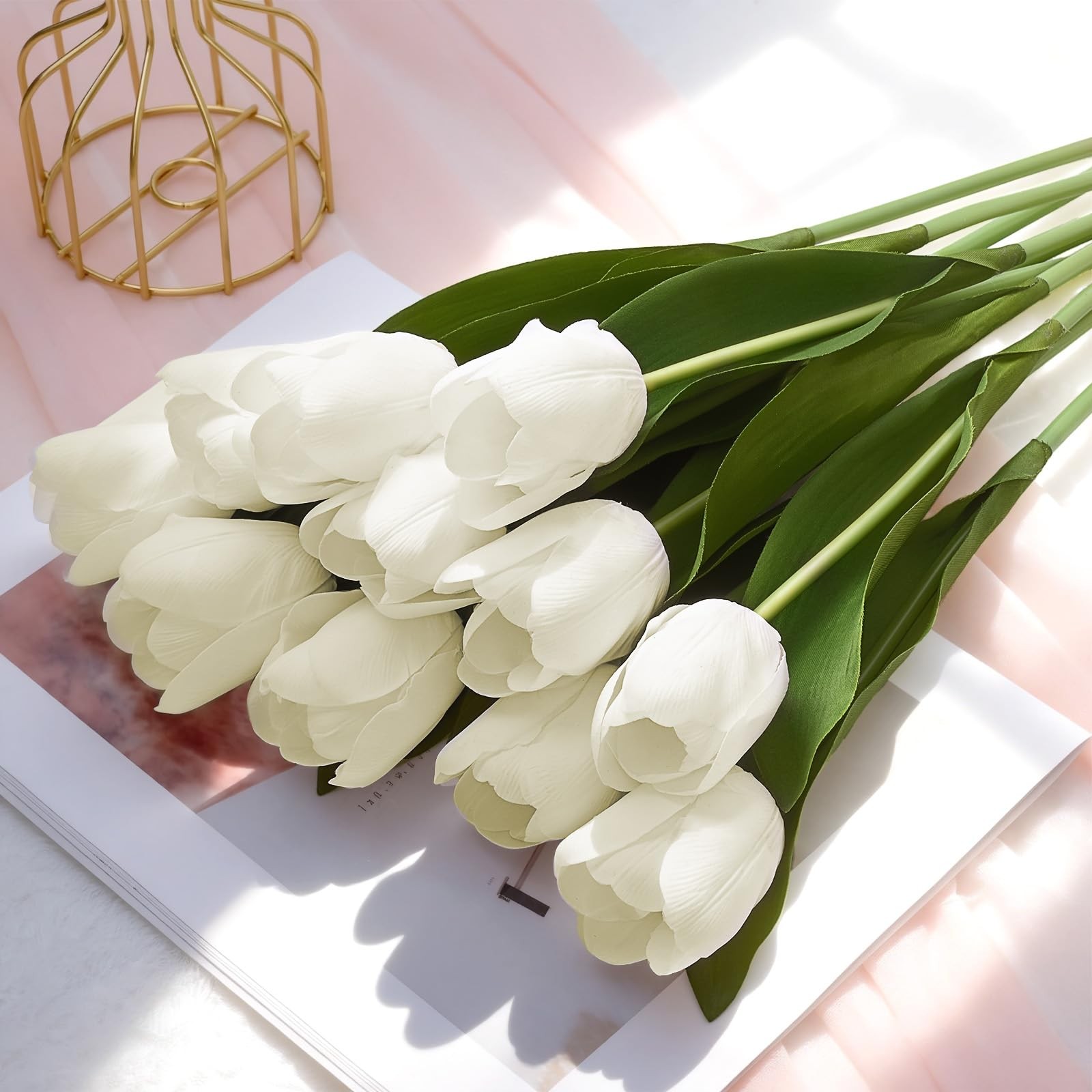 12 PCS White Artificial Tulips Real Touch Faux Flowers 14 Inch Bouquet