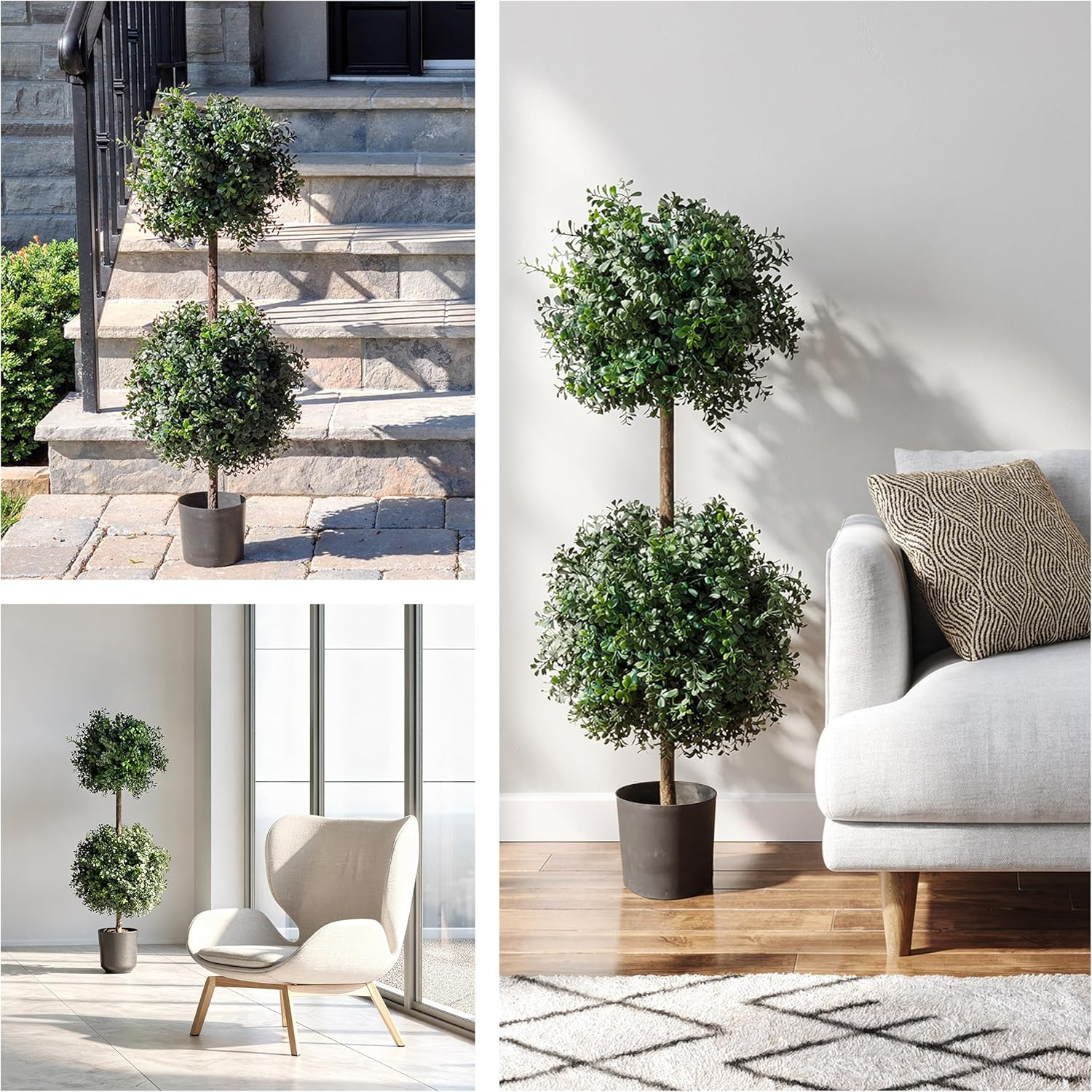 46″ Realistic Artificial Boxwood Double Ball Topiary in Matte Black Pot