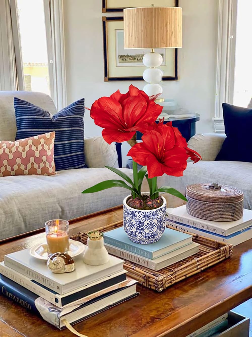 Red Amaryllis Artificial Flowers in Blue Ceramic Pot 18.1″ Faux Amaryllis Flo…