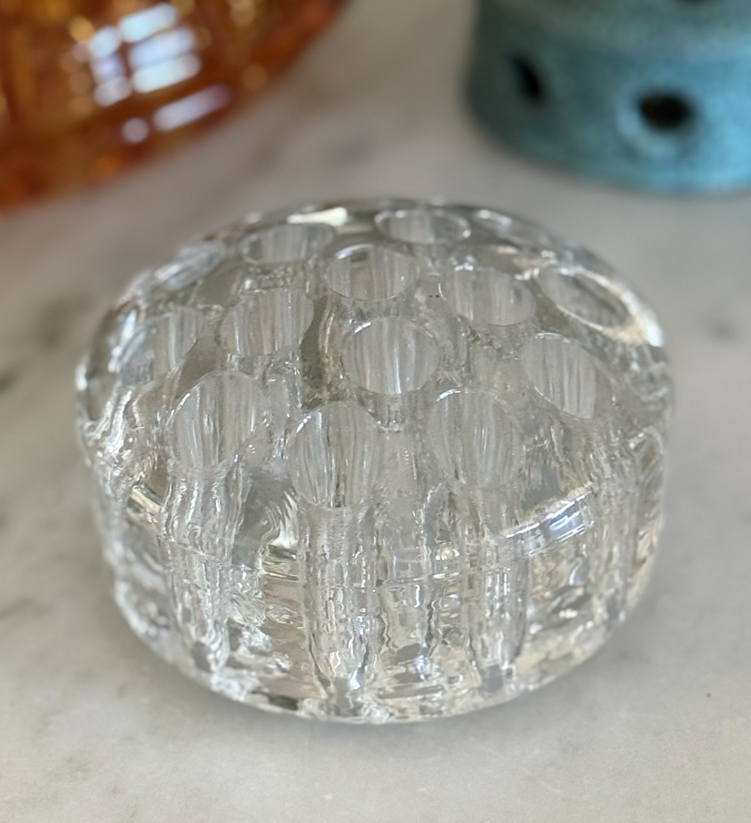 Vintage Thick Heavy Round 16-Hole Glass Flower Frog 3-3/4″ Diameter