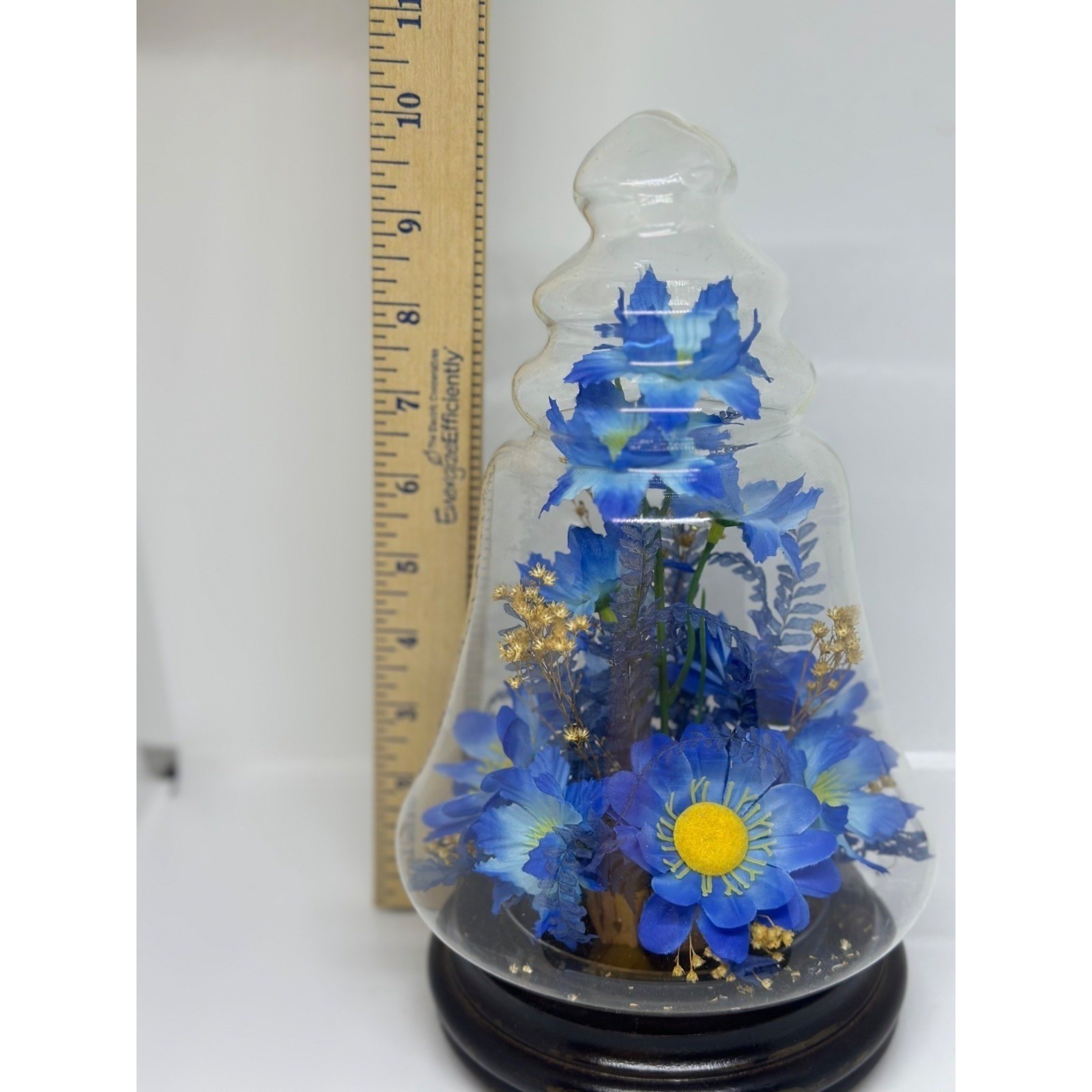 VTG Floral Arrangement Under Glass Cloche Dome Blue Faux Flowers Wood Base Decor