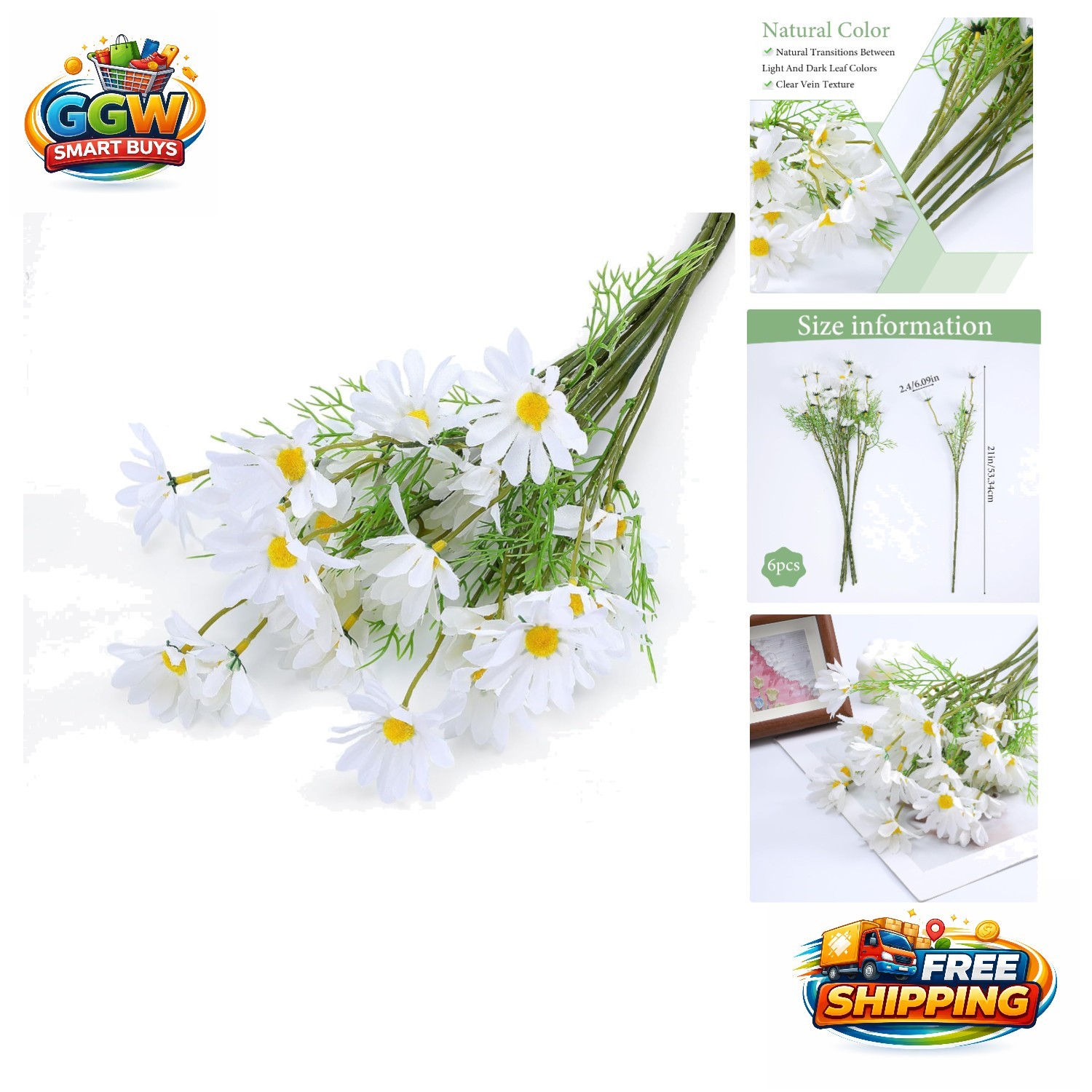 Set of 6 Realistic White Daisy Flowers – 21” for Indoor & Outdoor Decoration