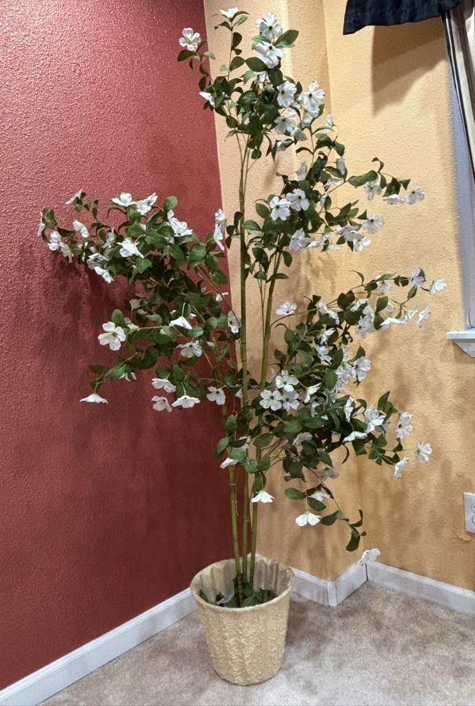 Artificial Dogwood Potted Tree 5 1/2 to 6′ Tall, Green and White Pre-Owned