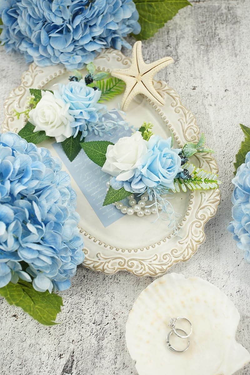 Light Blue Corsage and Boutonniere Set for Wedding Prom Artificial Rose Flow