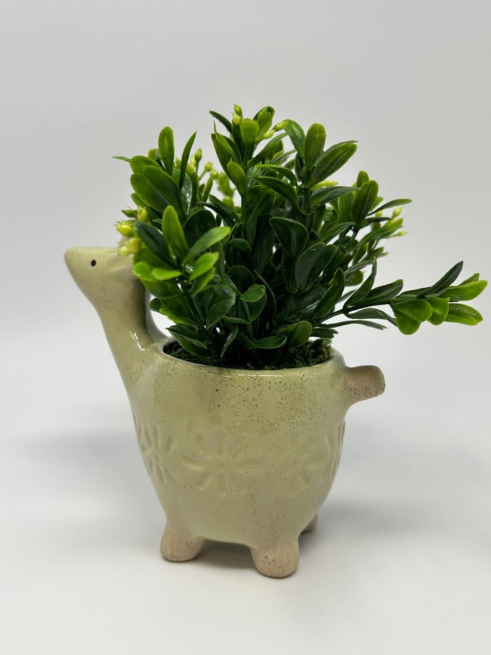 Mini 6″ Artificial Boxwood plastic plant potted in Ceramic DEER Giraffe Pot, han
