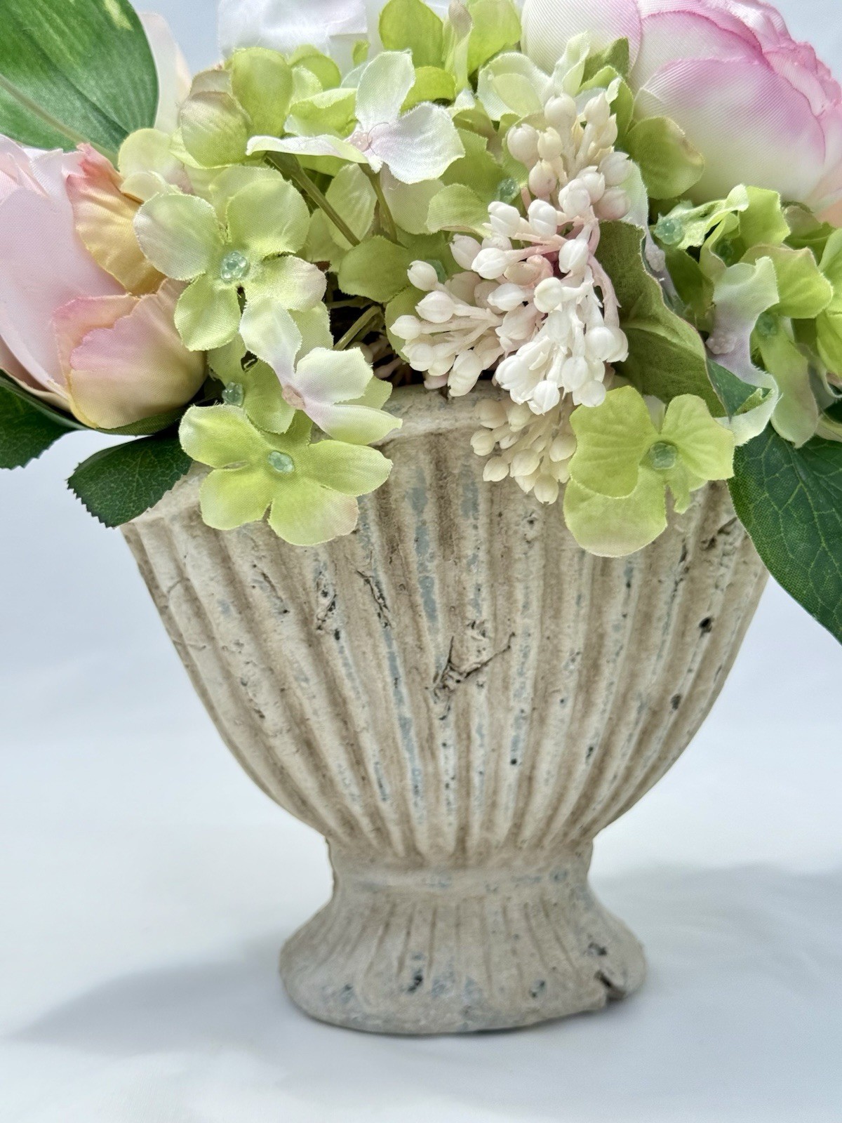 Faux Flower Arrangement in Fluted Urn Vase Cottage Decor