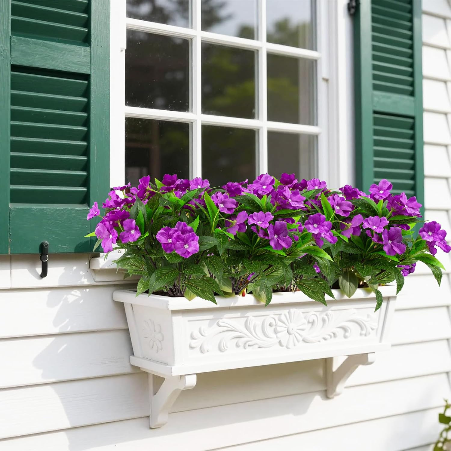 8 Pcs UV Resistant Purple Artificial Impatiens Flowers for Outdoor Decor