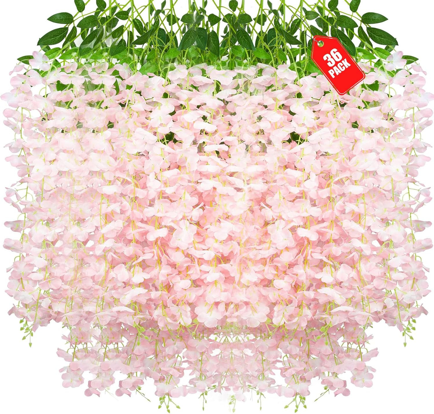 36 Pack Light Pink Wisteria Hanging Flowers, 3.44 Ft Fake Hanging Flowers, Artif