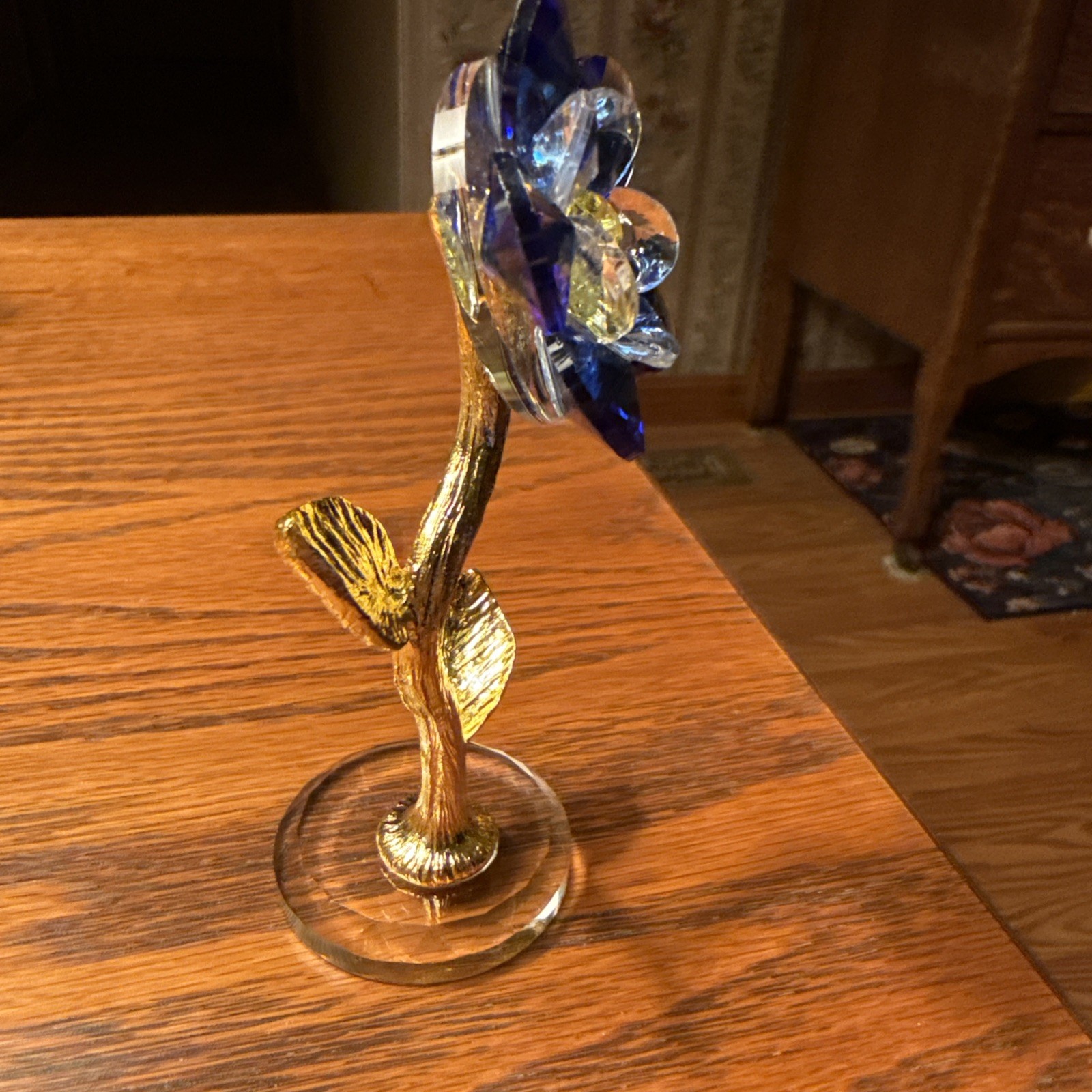 Unique Blue Crystal Plum Blossom Flower With Gold Leaves Figurine