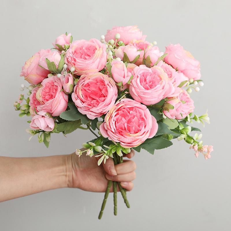 Artificial Peony Bouquet 30cm Rose Pink Silk 5 Heads 4 Buds Wedding Decoration