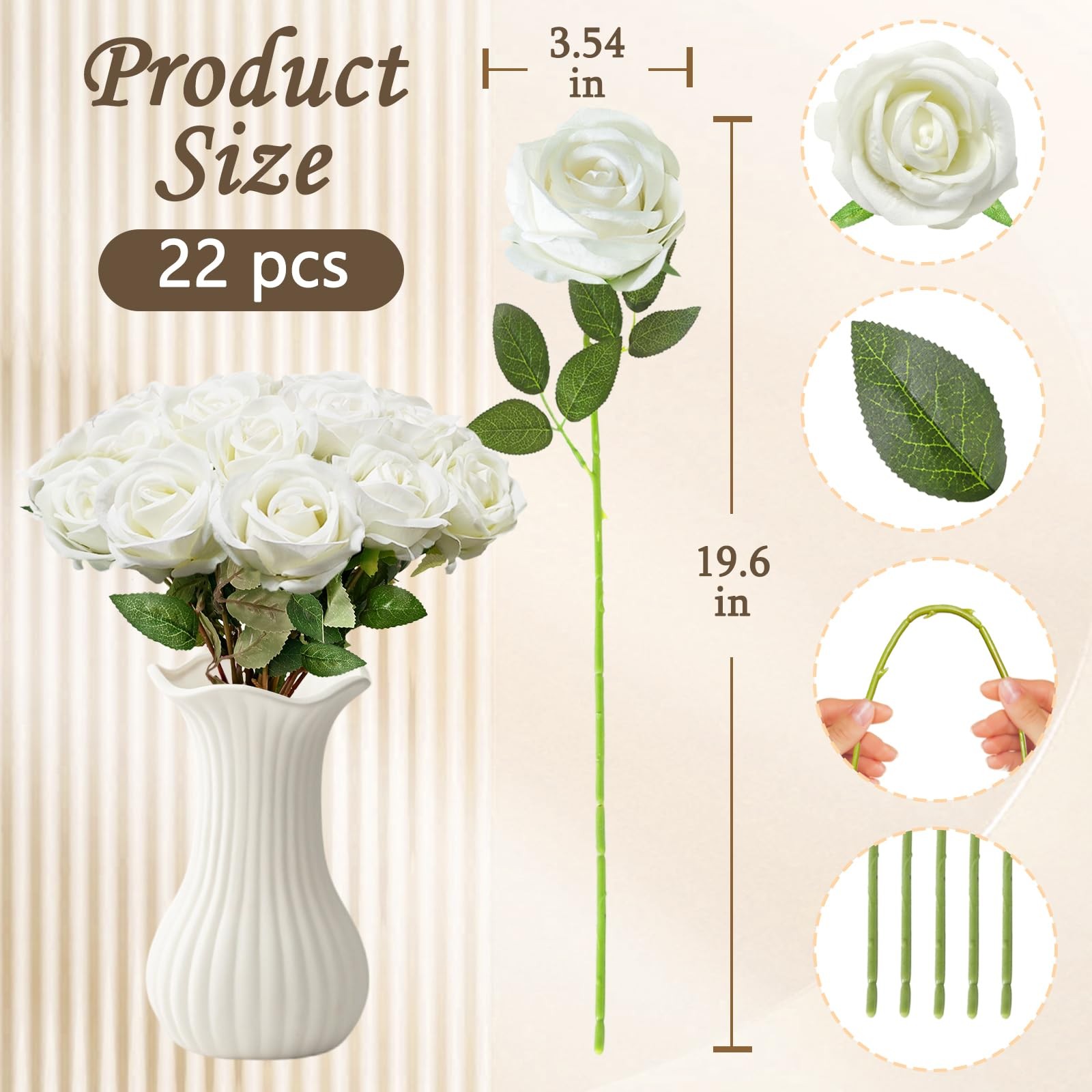 22 Pcs Artificial White Roses with Stems – Velvet Faux Flowers Bulk for Weddi…