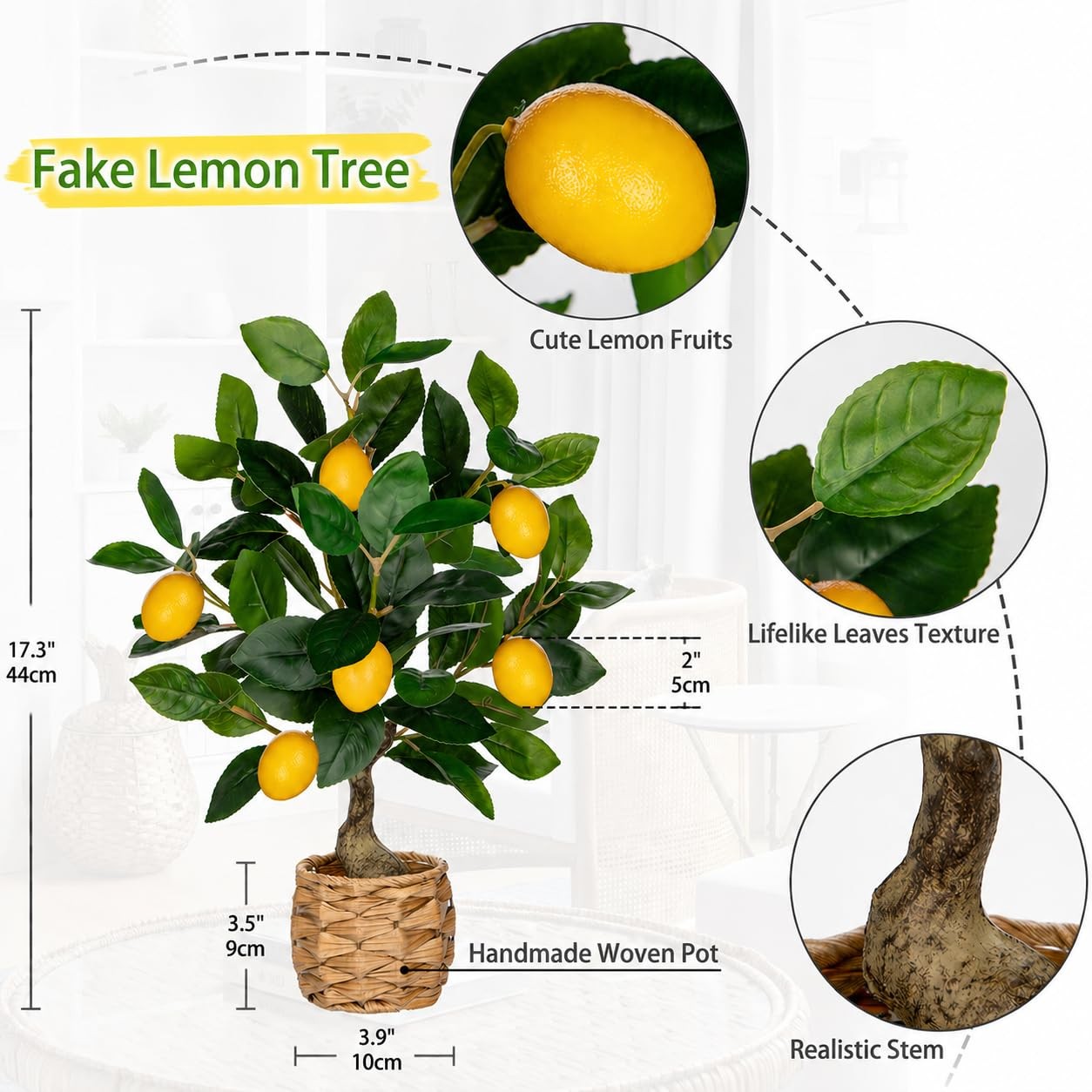 17.3 Inch Artificial Lemon Citrus Tree Potted Plant Woven Pot Desk Decor