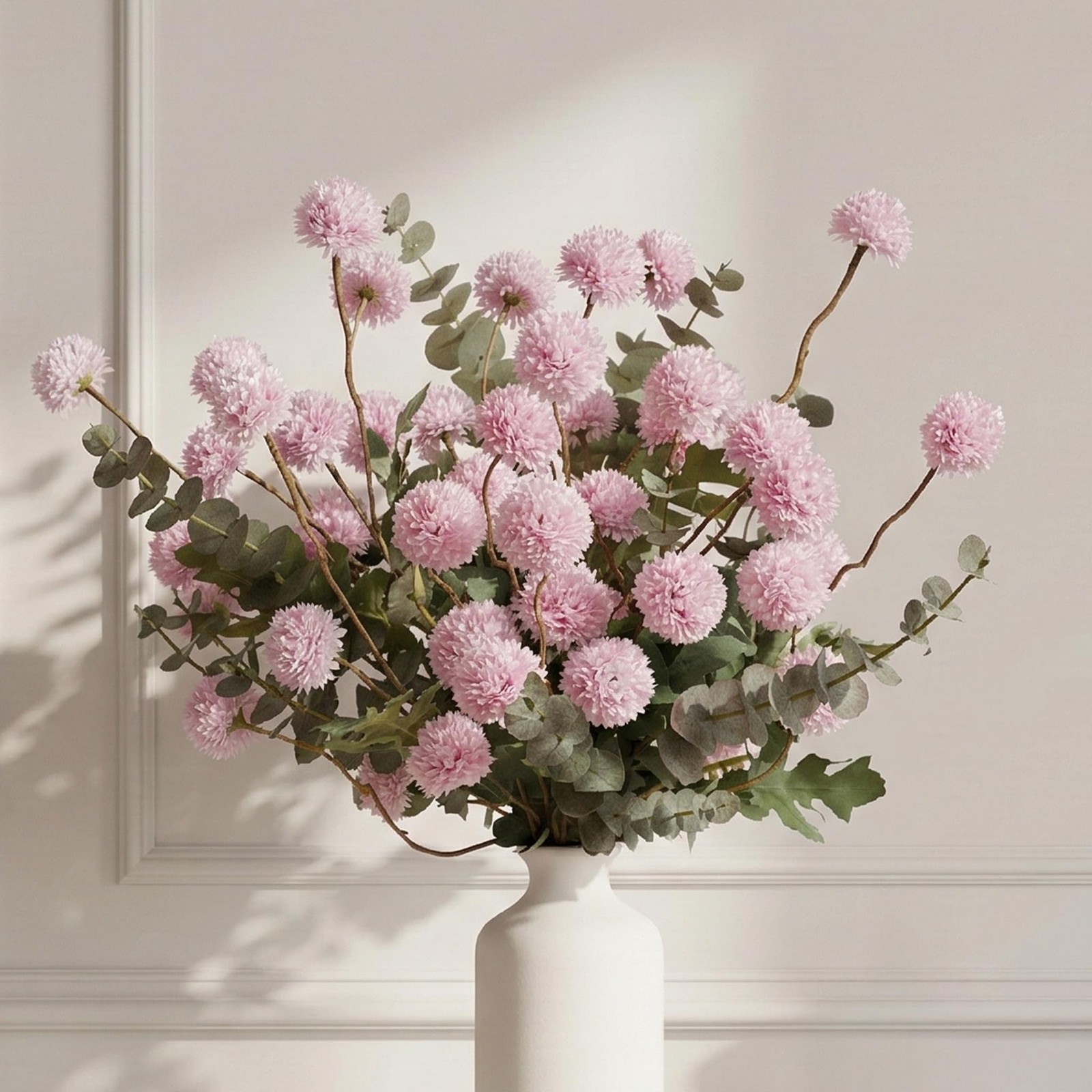 Fake Kiku Flowers for Tall Vase – 10 Silk Artificial Flowers Plus 4 Eucalyptu…