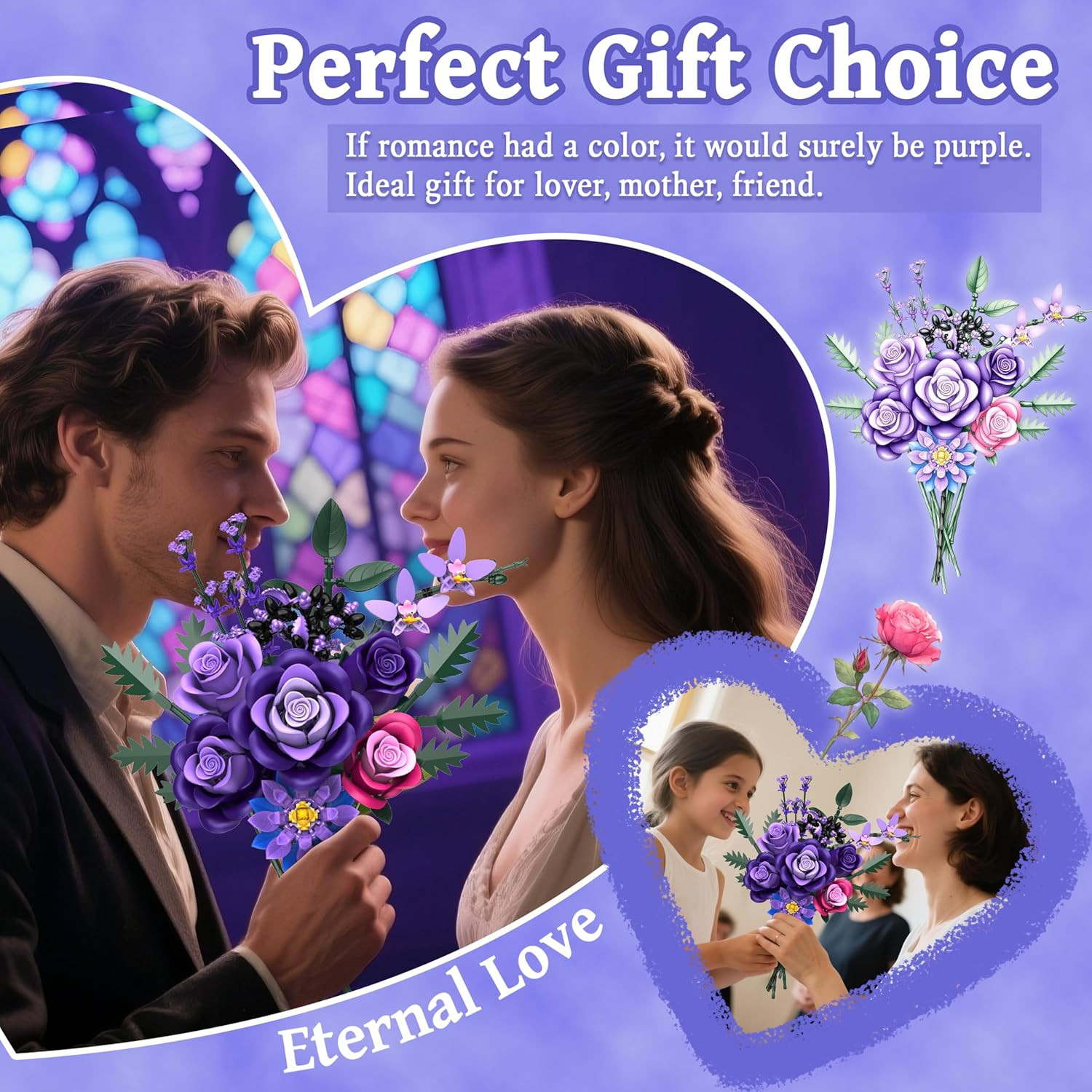 Purple Roses Flower Bouquet Building Sets, 834PCS Artificial Flowers Botanical C