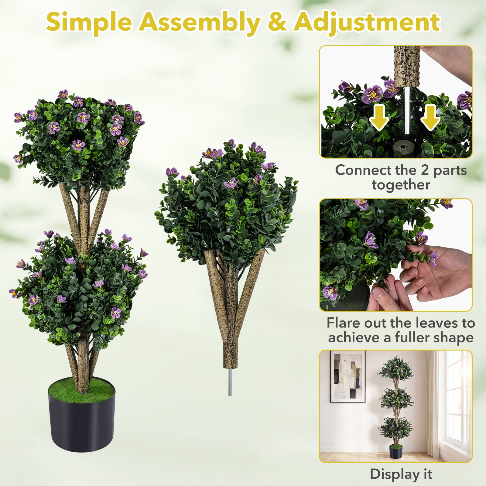 51” Artificial Triple Ball Boxwood Topiary Tree with 59 Blossoms for Porch Home
