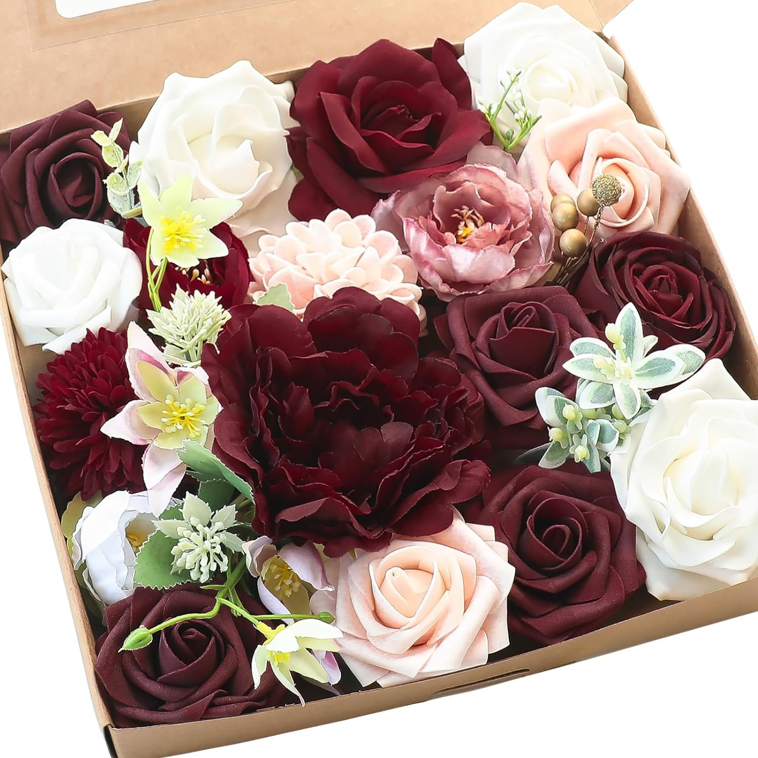 Pink Blush Blue Artificial Flowers Fake Roses Peonies and Greenery Combo Box Set