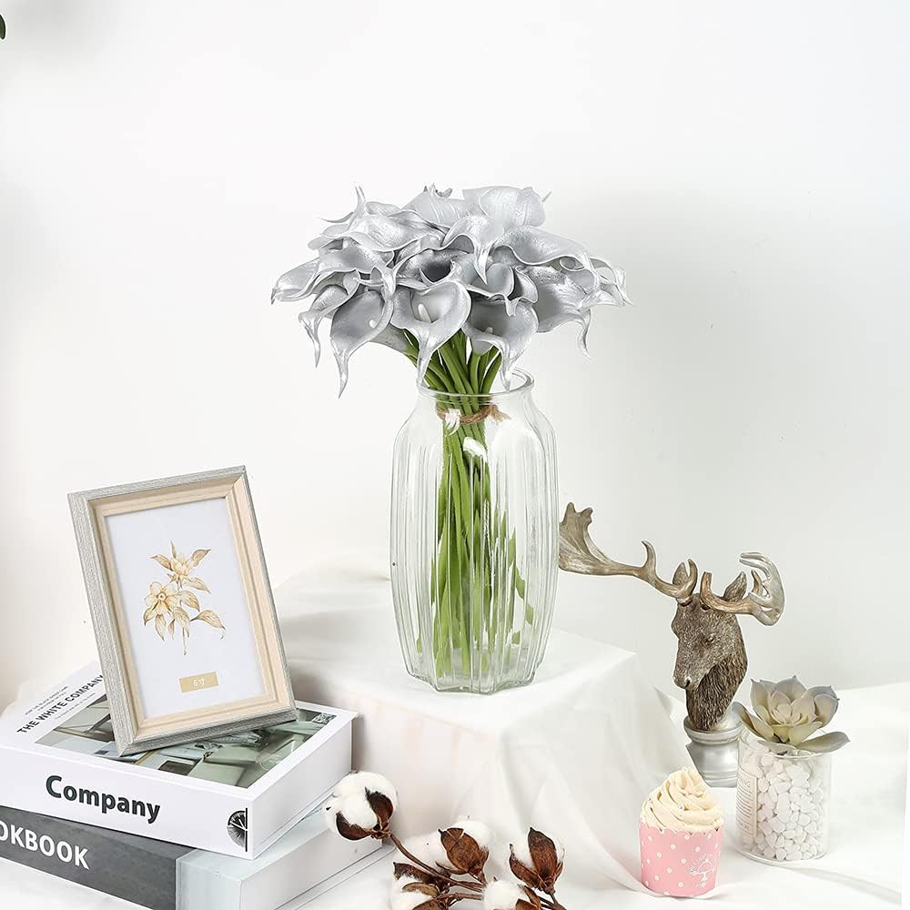 Silver Calla Lily Artificial Flowers, 24pcs for DIY Wedding Bouquets, Centerpiec