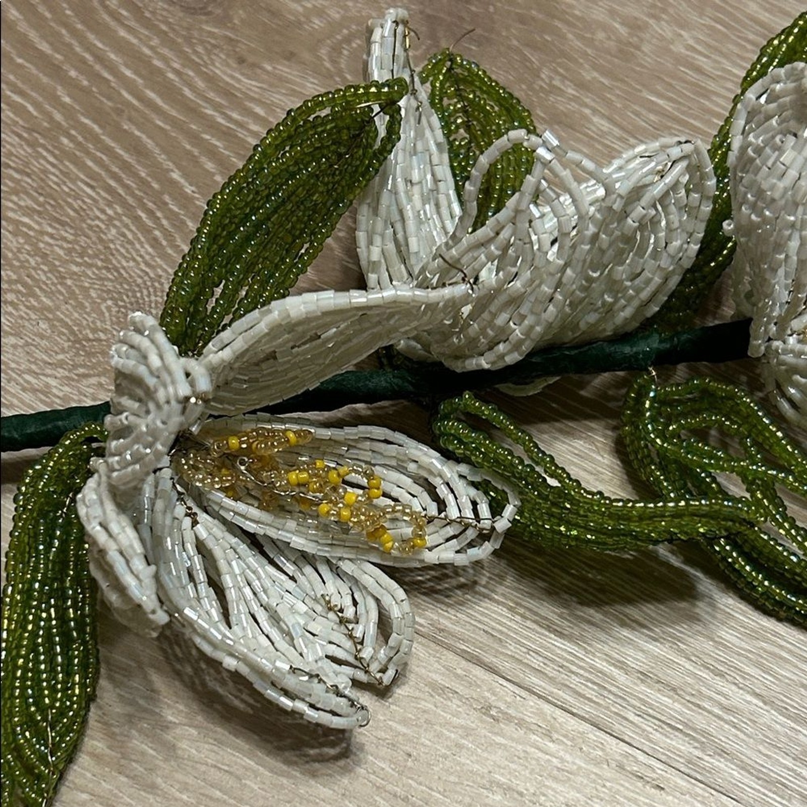 Handcrafted French White Glass Beaded Flower Stem Vintage Inspired Decorative